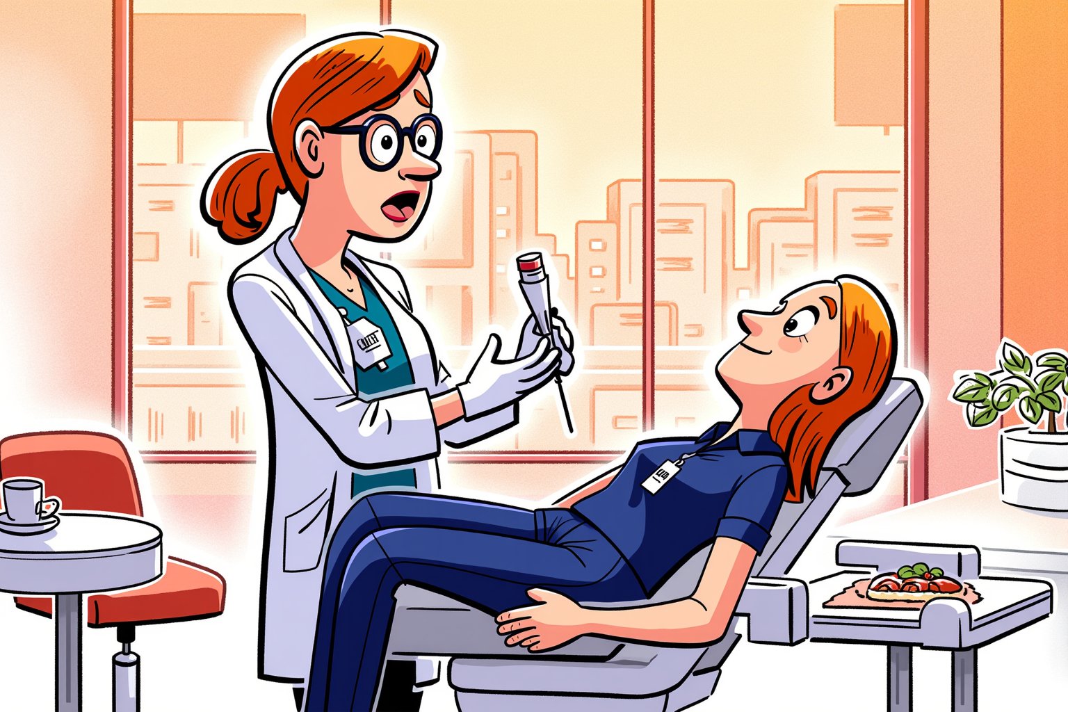 A (((colorful editorial illustration ))).
cartoon scene, (((dentist treating a patient)))

The dentist, a Caucasian woman in her 50s from European and Irish descent, treats her patient, who is a woman who has a slight tanned skin, long redhead hair, lying down in the dentist's chair. She  is wearing a navy blue modern outfit.

Background: A modern, sleek dentist office with large windows showcasing the city skyline. The dentist chair, desk and office details remain, keeping the atmosphere professional but highlighting the tension between the two characters.
Textured Chaotic paint background in duotone colours watercolor, with warm  color palette.  

In the style of Satoshi Hashimoto. Satomic.

