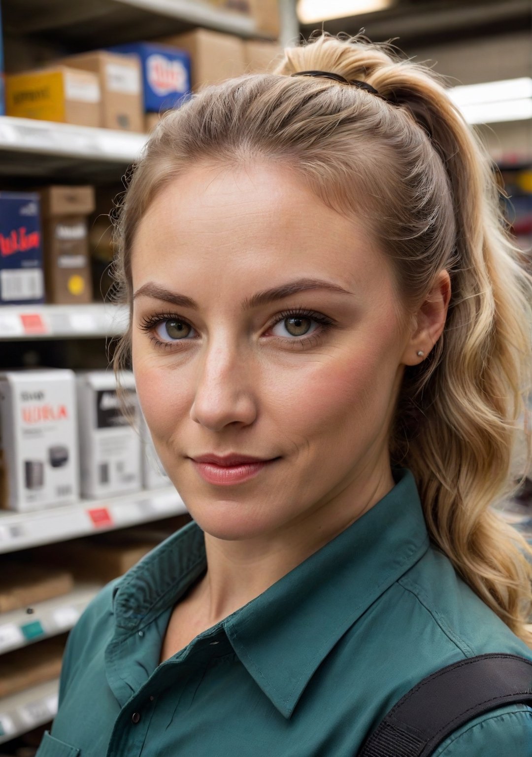 Hardware store view of a British electrician, 32 years old, showcasing a blend of competence and subtle allure, with a focused, approachable face, found amidst the aisles of a busy London hardware shop. She's confidently advising a customer on electrical supplies, her posture relaxed yet authoritative, a hint of a smile suggesting both expertise and charm.

Her hair, a soft, sandy blonde, is tied back in a practical ponytail, strands occasionally escaping to frame her face. Her eyes, clear and attentive, make direct, engaging contact with those she's helping, her lips curved in an easy, inviting smile.

She has a fit, capable build. Wearing a (fitted work shirt) tucked into (durable utility trousers), her attire is functional yet flattering, complementing her professional role. Her feet, in (sturdy safety boots), are firmly planted on the ground, her whole demeanor exuding a sense of reliability and a welcoming air of approachability.
 8k uhd, dslr, soft lighting, high quality, film grain, Fujifilm XT3, high quality photography, 3 point lighting, flash with softbox, 4k, Canon EOS R3, hdr, smooth, sharp focus, high resolution, award winning photo, 80mm, f2.8, bokeh, (Highest Quality, 4k, masterpiece, Amazing Details:1.1), film grain, Fujifilm XT3, photography,
detailed eyes, epic, dramatic, fantastical, full body, intricate design and details, dramatic lighting, hyperrealism, photorealistic, cinematic, 8k, detailed face. Extremely Realistic, art by sargent, PORTRAIT PHOTO, Aligned eyes, Iridescent Eyes, (blush, eye_wrinkles:0.6), (goosebumps:0.5), subsurface scattering, ((skin pores)), (detailed skin texture), (( textured skin)), realistic dull (skin noise), visible skin detail, skin fuzz, dry skin, hyperdetailed face, sharp picture, sharp detailed, (((analog grainy photo vintage))), Rembrandt lighting, ultra focus, illuminated face, detailed face, 8k resolution
,photo r3al,Extremely Realistic,aw0k euphoric style,PORTRAIT PHOTO,Enhanced Reality