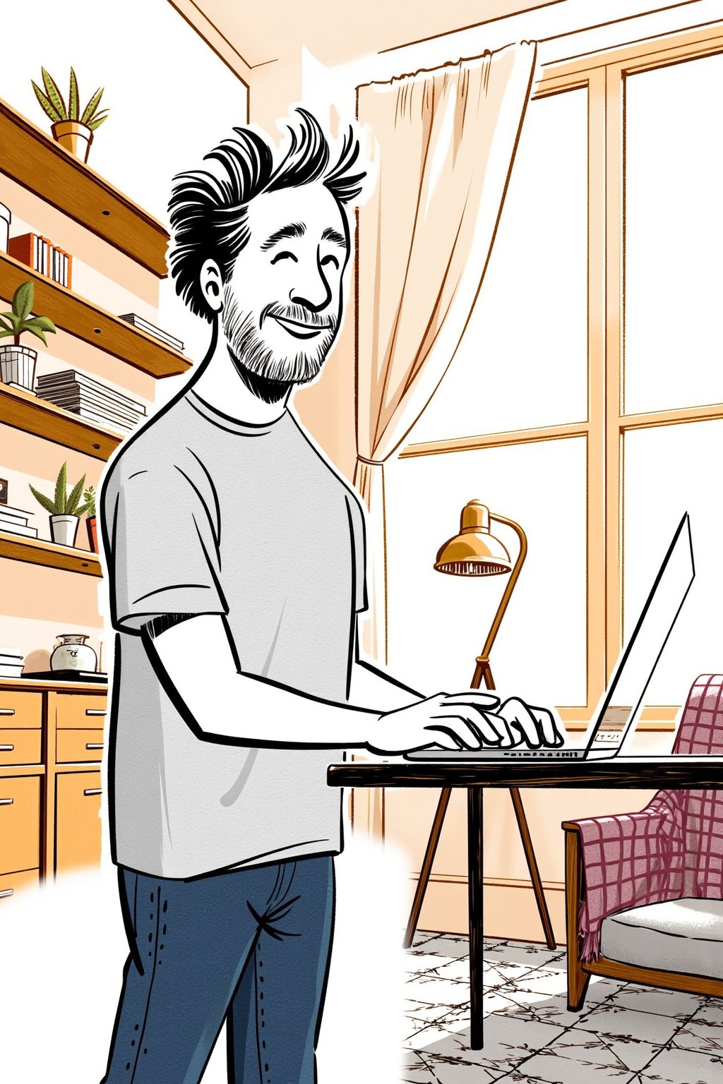 An editorial illustration of a 40-year-old man with spiky messy hair, happily typing on his laptop while standing at his desk in a cozy home office. His face beams with a warm smile as he enjoys his work.

Appearance:
He’s wearing a light heather gray t-shirt and relaxed indigo jeans. His messy spiky hair adds character to his look, with his cheerful demeanor evident as he leans slightly over his laptop, smiling as he types. His posture is relaxed, embodying both comfort and focus.

Setting:
The home office is cozy with abstract lines depicting wooden shelves filled with books, potted plants, and soft lighting from a stylish desk lamp. A comfortable chair sits nearby with a plaid blanket draped over the back. Natural light filters through a large window with sheer curtains, casting a soft, warm glow over the space.

Mood:
Joyful and content, the scene captures the warmth and satisfaction of a productive coding session in a comforting and welcoming home environment.

Era:
Contemporary, with elements of modern, homey decor.

Perspective:
Over-the-shoulder view, focusing on his hands typing, the laptop screen glowing softly, and his cheerful expression reflecting on the screen.

Background:
Chaotic painted blob in soft mauve taupe and warm butterscotch watercolor, with monochrome warm tints color palette.Style of satoshi hashimoto, satomic., tmhrmns