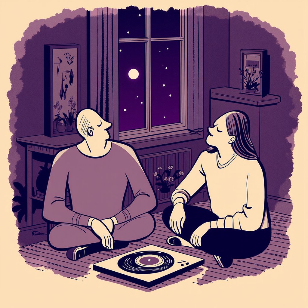 An illustration of a man and a woman inside their cosy apartment, quietly sitting around listening to music. Both their eyes closed. Vinyl record player in between them. Each sitting cross legged on the wooden parquet flooring. Music notes dancing in the air above their heads. 
Warm moody atmosphere, abstract lines depicting the cosy furnished apartment, window overlooking the night sky in the background. Sliver ray of moonlight shining in.
Chaotic painted blob background in dark purple watercolor.
Monochrome warm soft tints Color palette 

Style of of satoshi hashimoto , satomic