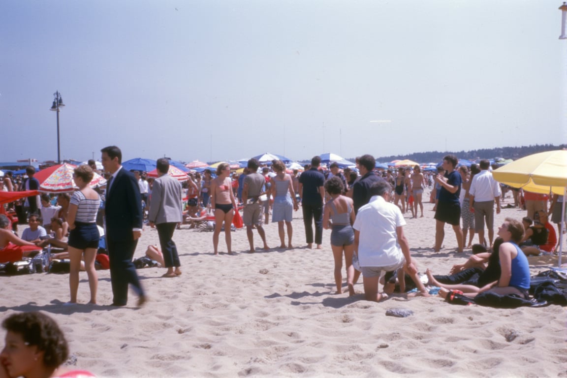 retro glamour, nostalgic technicolor photo flmft style kodachrome blurry realistic photo of a crowded beach full of people wearing suits and suit jackets. Colorful beach umbrellas and lawn chairs are all around. 1950s aesthetic, saturated colors, film noise, grainy, motion blur,flmft style