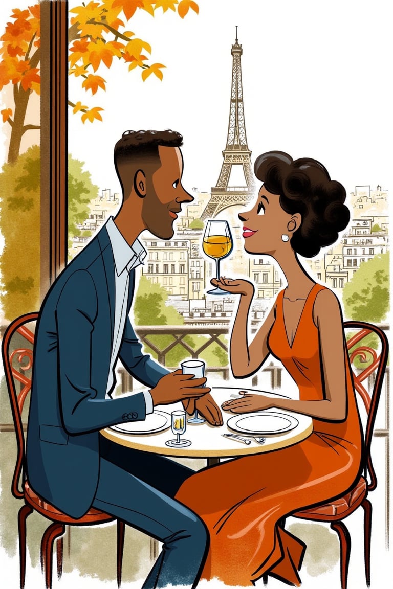 A detailed and colorful editorial illustration depicting a cartoon scene of a couple eating outside at a Paris restaurant terrace. The man, a Black man in his late 30s with Caribbean and African descent, and the woman with olive skin and short curly hair, sit opposite each other at a round table. She wears a high fashion dress. The romantic city of Paris serves as the background. Hand-drawn with loose, expressive fills and nice shading techniques, featuring a bold color palette with few colors. Dynamic, hand-drawn sketch aesthetic with coarse fluid bold black outlines. Textured chaotic paint background in duotone colors, watercolor, with a warm color palette. In the style of Satoshi Hashimoto and Satomic.