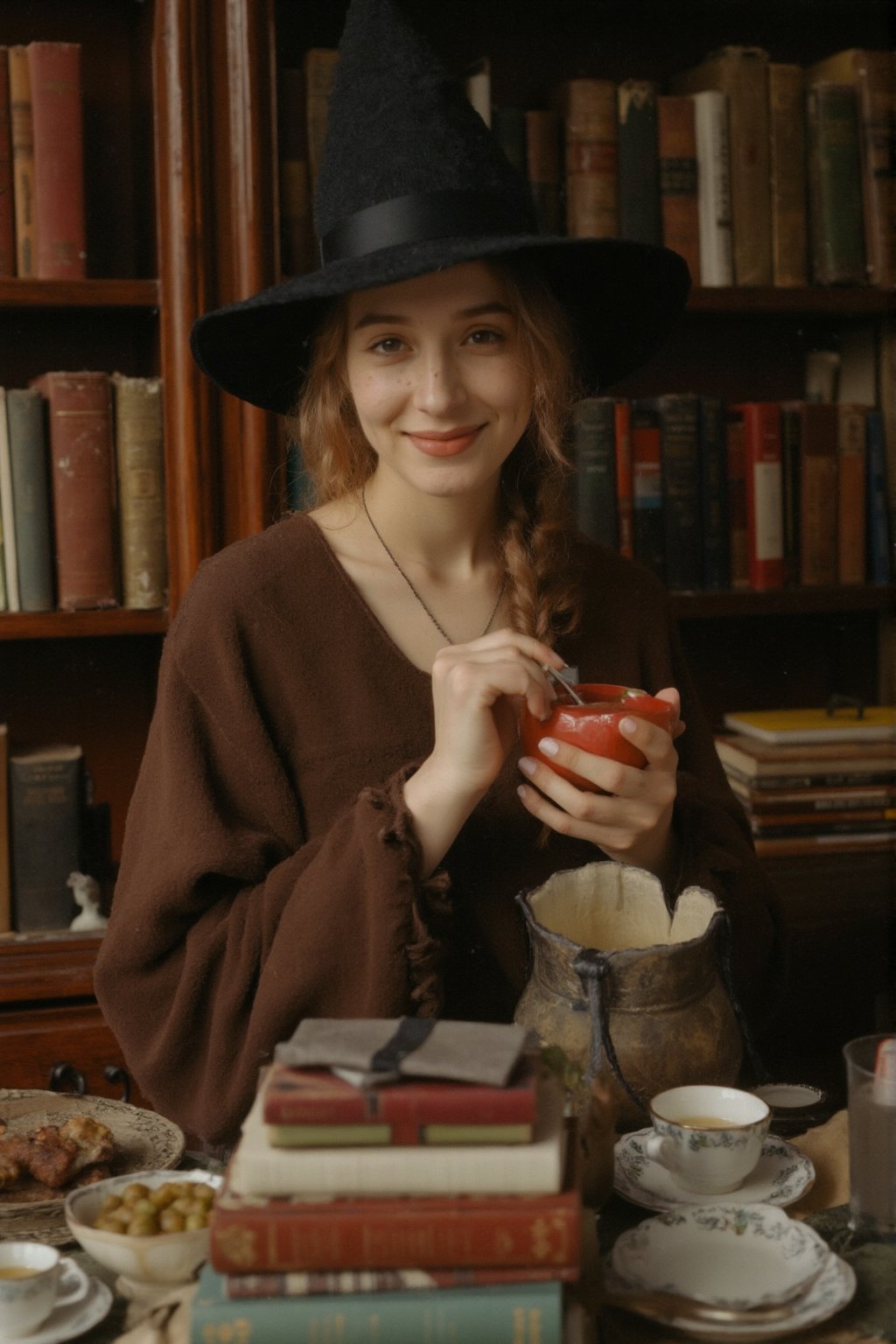 A classic Victorian tea party is in full swing, A photo of a tall woman in a brown dress with a black witch hat, holding a stack of books, with bookshelves behind her in a cozy bedroom, posted on Snapchat. She has freckles and is smiling. Flfmt 