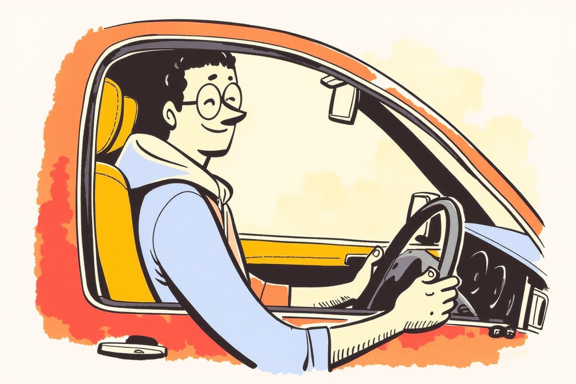 (((colorful illustration))) by satoshi, 1 guy, A {20-year-old | 25-year-old | 30-year-old} guy-next-door wearing round glasses, driving in his car. Perspective side view from inside the car.. He is wearing a {simple t-shirt and jeans | comfy hoodie and leggings} in {soft pastels | earthy tones | bright colors}. Hie mood is {cheerful | relaxed | carefree}, and he has a {chill | laid-back | easygoing} demeanor.

Background: Chaotic painted blob in soft taupe and warm mustard watercolor, with monochrome warm tints color palette...Style of satoshi hashimoto, satomic., tmhrmns