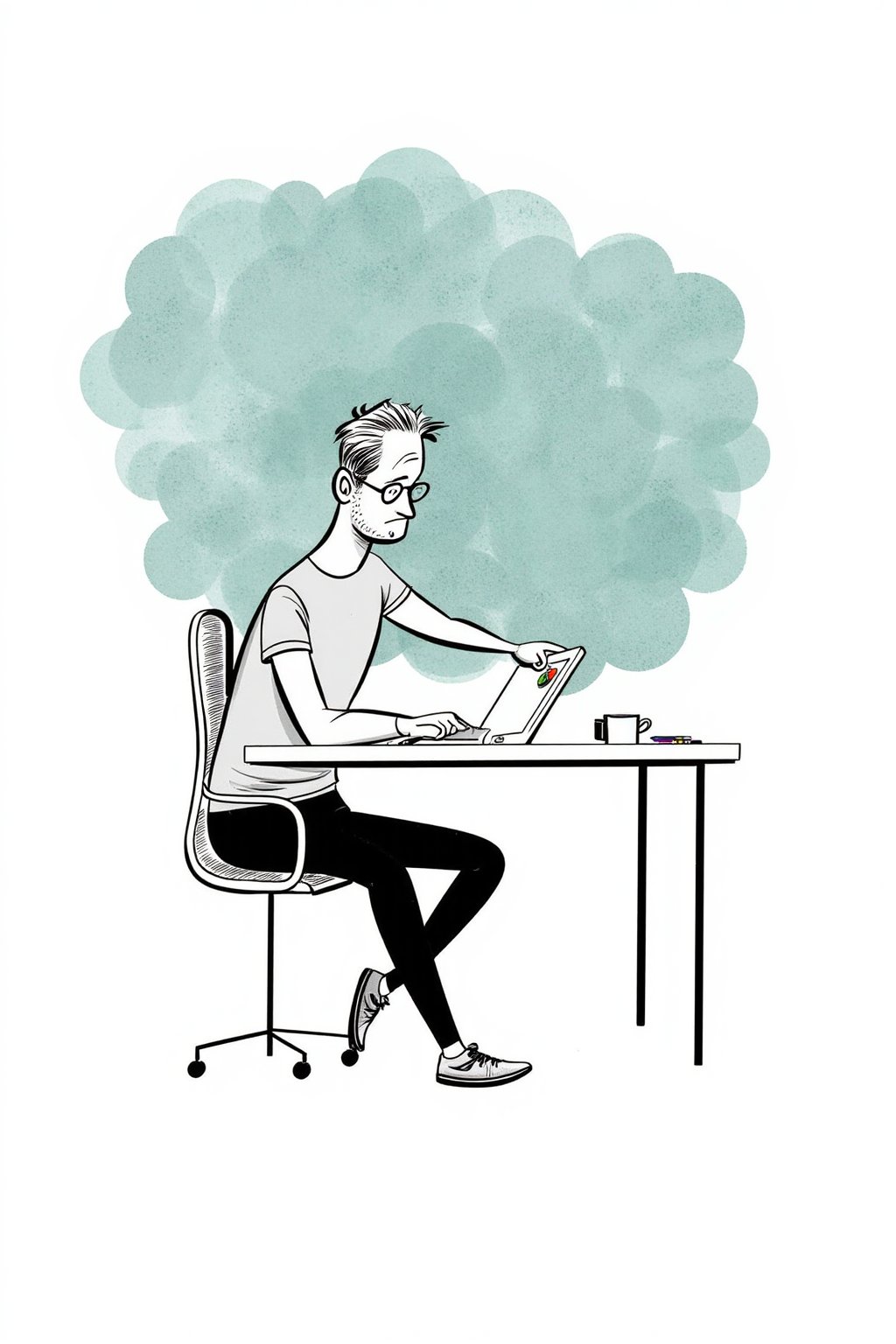 An editorial illustration of a guy dressed in a casual but chic outfit, sitting at his desk sketching on a large tablet. his brow is furrowed in concentration, fingers gliding smoothly across the screen.

Appearance:
The man wears a trendy tight t-shirt and jeans. He has a pair of stylish round dark-framed glasses perched on his nose, his body language absorbed in his work.

Setting:
A minimalist workspace with abstract lines suggesting the desk and tablet, scattered pencils and coffee mug on the side.

Mood:
Focused and calm, with a creative energy reflected in the soft lighting and pastel hues.

Era:
Contemporary.

Perspective:
Over-the-shoulder view, focusing on the tablet screen as He draws.


Background:
Chaotic and textured painted blob in muted cyan and gray watercolor, textured with monochrome soft tints color palette.
. Style of satoshi hashimoto, satomic.