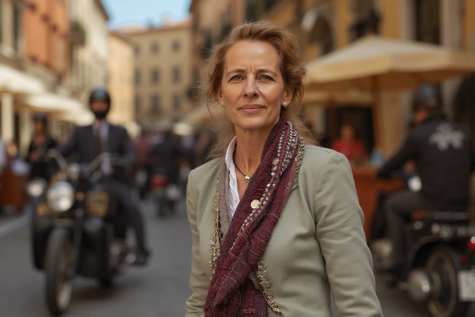 Photography in (steve mccurry style), an Italian woman, classic clothes,  cultural portrait, emotive humane photography, rich colors, analog film, film grain, kodachrome, intricate details, insanely detailed, natural lighting, 8k, hdr, masterpiece, award winning photography, Fine art photography style, film photography style. ((Very wide view, standing on the street in Italy, some people and cars, bikers in background))
The overall composition has a cinematic, feel, blending the nostalgia of classic paintings with every day life. flfmt
