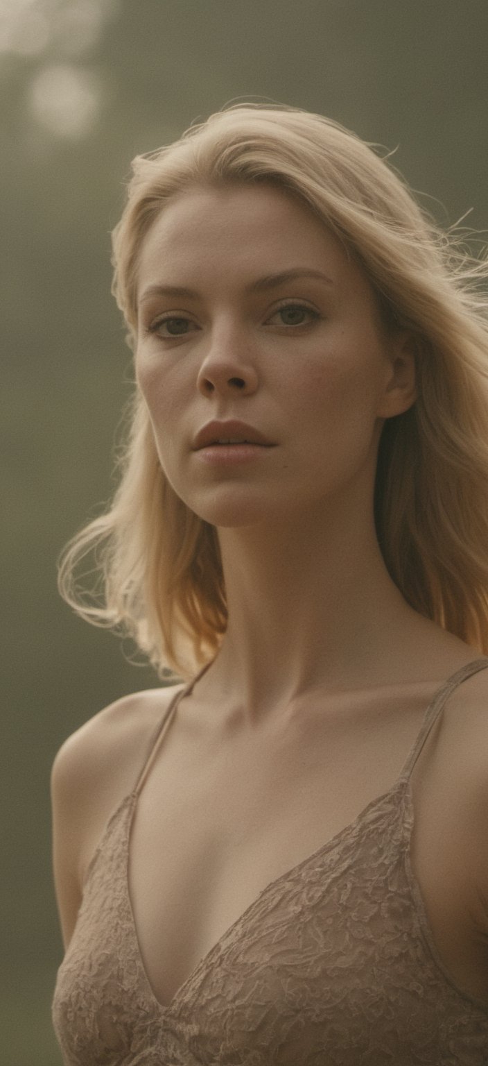 detailed, full-body image of a lingerie fashion model, Anya Taylor joy, laura prepon, captured from a slightly distant, low-angle perspective. The model should be in a varied outdoor environment, enhancing the sense of space. She has an expressive face with dry, freckled skin, and her gaze is directed away, adding a thoughtful aspect. The photo-style mimics an analog 50mm Leica camera with a low shutter speed, creating a subtle motion blur as if she's captured mid-movement. The lighting is a blend of soft and side light, highlighting her skin's texture and the fabric's details. The model's attire is eclectic, moving away from the classic black dress to something more colorful and contemporary, fluttering in the breeze. The overall scene should evoke a sense of high fashion, with a realistic and RAW 8k quality. Her long blonde hair adds to her Instagram model vibe, and her posture suggests motion, as if she's dancing, reflecting her skill and grace.

film grain. grainy. Sony A7III. photo r3al, 
, PORTRAIT PHOTO, 
Aligned eyes,  Iridescent Eyes,  (blush,  eye_wrinkles:0.6),  (goosebumps:0.5),  subsurface scattering,  ((skin pores)),  detailed skin texture,  textured skin,  realistic dull skin noise,  visible skin detail,  skin fuzz,  dry skin,  hyperdetailed face,  sharp picture,  sharp detailed,  analog grainy photo vintage,  Rembrandt lighting,  ultra focus,  illuminated face,  detailed face,  8k resolution,photo r3al,Extremely Realistic,Movie Still.
(((motion blur))), full body, from below, KNWLS, wide shot, distance, full-body, outside, unbalanced face, full body, highly detailed, dry skin, skin pores, looking away, detailed, run, analog, 50mm Leica, undershot, low shutter speed, super realistic, contrast, imperfect skin, soft light, (((side light))), dry skin, freckles, black fabric, wind, strangle, outdoor, High Fashion, model, vogue, RAW, contrast, 8k,Movie Still