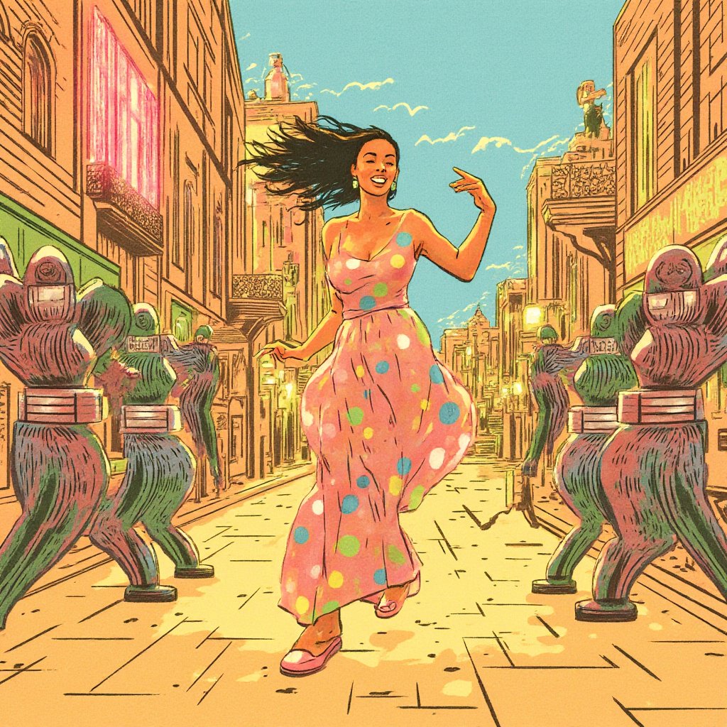 illustration by,lmendo,

A vibrant scene of a woman dancing energetically with a group of humanoid robots in a whimsical cookie town. The town features cookie-shaped buildings and cobblestone streets made of chocolate chips. The woman is dressed in a colorful, flowing outfit, illuminated by soft, warm lighting that highlights her joyful expression and fluid movements. The robots, with sleek metallic surfaces, mirror her dance steps with precision. The composition captures the dynamic interaction between the organic and the mechanical, set against the fantastical backdrop of the cookie town.
