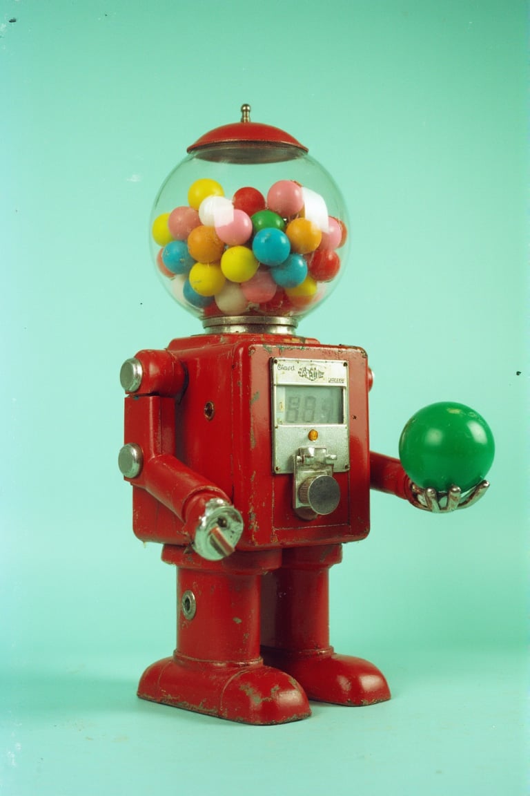 
The image shows a retro-styled robot with a quirky and playful appearance, blending nostalgia with whimsy. The robot’s head is very large compared to his torso, his head is a transparent glass sphere filled with multicoloured gumballs in shades of red, yellow, green, blue, pink, and white. Its body and limbs are made of worn, metallic red material, giving it a vintage, slightly weathered look, with subtle patches of rust and scratches, enhancing the aged aesthetic. The arms and legs are mechanical, with flexible tubing connecting its joints.

The robot’s boxy torso has a small, old-fashioned display screen and a round button, resembling a classic gumball machine. Its left hand holds a large green ball, presumably one of the gumballs, reinforcing its role as a playful and functional dispenser.

The robot is standing upright, in a casual, relaxed pose, with a slight forward tilt of the head, giving it a friendly, approachable demeanor. It appears to be from a mid-20th-century retro-futuristic era, reminiscent of toys and machines from the 1950s-1970s.

The lighting is soft and even, casting minimal shadows, creating a clean, well-lit environment. The background is a solid pastel greenish-blue, which contrasts well with the robot’s red body, making it stand out. The camera perspective is slightly angled, capturing the robot from a low to mid-level shot, giving it a slightly larger-than-life feel.

The overall mood is playful, nostalgic, and slightly quirky, evoking memories of retro arcade machines and classic toys. The image invites a sense of childlike wonder, blending futuristic elements with a warm, vintage charm.
This picture is taken in a vintage atmosphere, likely from the mid-20th century.
Era: the images are likely from the 1960s to 1970s, leaning towards a retro aesthetic with accompanying color tones from that era. 
Perspective: The perspective is straightforward, with medium close-up shots. 
Camera & Lighting: The images appear to have been shot on film, likely with a mid-century camera. The lighting seems natural or minimally artificial, with no harsh shadows, creating a soft but slightly muted vintage look.
flfmt,tmhrmns