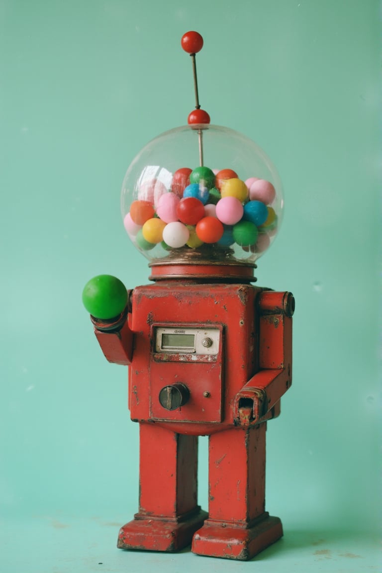 A professional image showcasing a retro-styled robot, reminiscent of a vintage toy from a Taschen photo book on classic collectibles. The robot's oversized head, a transparent glass sphere, is filled with brightly colored gumballs in shades of red, yellow, green, blue, pink, and white, evoking a whimsical, nostalgic charm. Its body and limbs are constructed from metallic red material with artfully worn edges, featuring light rust and scratches that enhance its vintage allure. The arms and legs are mechanical, with flexible tubing connecting the joints, emphasizing the robot's mid-20th-century industrial design.

The robot’s boxy torso features a small, antique display screen and a round button, drawing inspiration from a classic gumball machine. In its left hand, it holds a large green gumball, reinforcing the playful, functional theme.

The pose is relaxed, upright, with a slight tilt of the head, giving the robot a friendly, inviting presence. Set against a solid, pastel greenish-blue backdrop, the image highlights the robot's red and metallic elements, creating a striking contrast. The lighting is expertly diffused, soft yet polished, evoking the professional tone of a high-end editorial. There’s a subtle sheen to the robot’s metal, amplifying its collectible appeal.

Shot with a slight upward camera angle, the perspective makes the robot appear larger than life, lending it a sense of importance while maintaining an approachable, quirky vibe. The overall mood combines retro-futurism with a polished, artistic aesthetic—perfectly capturing the essence of mid-20th-century toys and their playful yet enduring appeal. Ideal for a visually striking, carefully curated vintage toy collection.