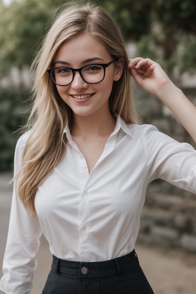 cinematic film still Hyperrealistic RAW photo, full body shot, 1girl, solo, RAW photo, casual portrait photo of beautiful prude 25yo blonde girl with a round face wearing a black mini skirt and white formal shirt, long blonde hair, hourglass body figure, charming, transparent black glass frame, glasses, smile, nerd, playful, beautiful hair, high detailed skin, 8k uhd, dslr, soft lighting, high quality, film grain, Fujifilm XT3