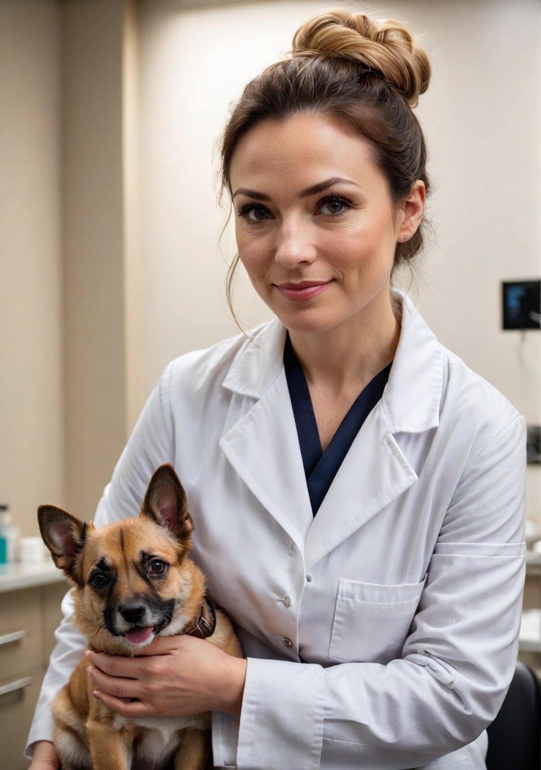 Veterinary clinic view of a Canadian veterinarian, 35 years old, blending professional care with an air of gentle allure, with a kind, nurturing face, attending to animals in a bustling Toronto animal clinic. She's examining a small dog, her movements gentle and assured, a soft, reassuring smile directed towards the pet owner.

Her hair, long and honey-blonde, is pulled back into a neat bun, practical for her work yet softening her features. Her eyes, warm and empathetic, convey trust and compassion, her lips curved in a soothing, engaging smile.

She has a slender, nurturing build. Dressed in a (crisp, fitted lab coat) over a (light, patterned blouse) and (comfortable slacks), her outfit is both professional and subtly charming. Her feet, in (sensible, supportive shoes), move quietly around the examination room, her presence a comforting blend of medical expertise and heartfelt care.
 8k uhd, dslr, soft lighting, high quality, film grain, Fujifilm XT3, high quality photography, 3 point lighting, flash with softbox, 4k, Canon EOS R3, hdr, smooth, sharp focus, high resolution, award winning photo, 80mm, f2.8, bokeh, (Highest Quality, 4k, masterpiece, Amazing Details:1.1), film grain, Fujifilm XT3, photography,
detailed eyes, epic, dramatic, fantastical, full body, intricate design and details, dramatic lighting, hyperrealism, photorealistic, cinematic, 8k, detailed face. Extremely Realistic, art by sargent, PORTRAIT PHOTO, Aligned eyes, Iridescent Eyes, (blush, eye_wrinkles:0.6), (goosebumps:0.5), subsurface scattering, ((skin pores)), (detailed skin texture), (( textured skin)), realistic dull (skin noise), visible skin detail, skin fuzz, dry skin, hyperdetailed face, sharp picture, sharp detailed, (((analog grainy photo vintage))), Rembrandt lighting, ultra focus, illuminated face, detailed face, 8k resolution
,photo r3al,Extremely Realistic,aw0k euphoric style,PORTRAIT PHOTO,Enhanced Reality