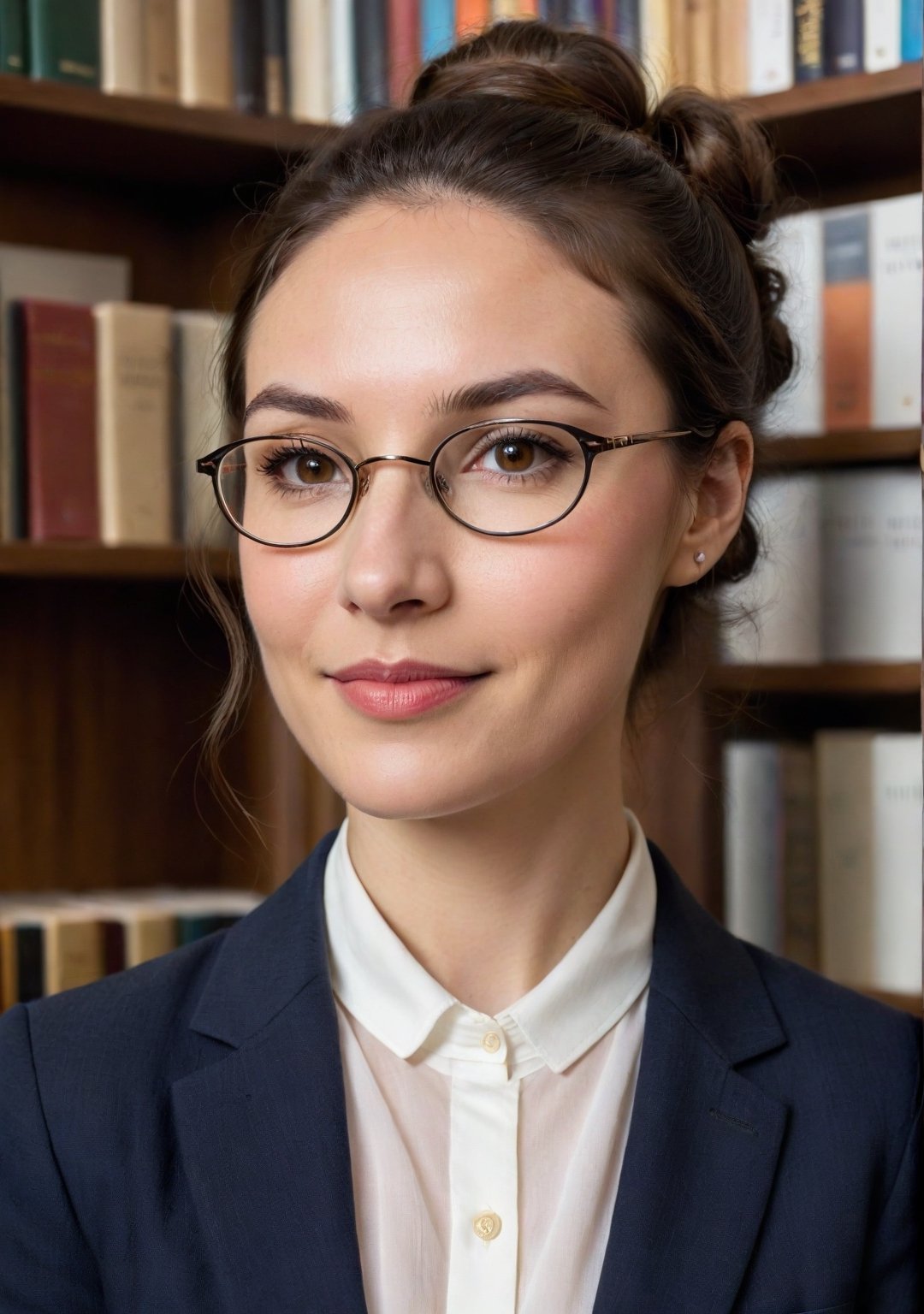 Public library view of an American librarian, 34 years old, embodying a blend of intellectual charm and understated allure, with a gentle, focused face, amidst the shelves of a bustling New York City library. She's organizing books, her movements precise and graceful, a soft, engaging smile on her lips as she assists a patron.

Her hair, a deep chestnut brown, is pulled up in a chic, loose bun, strands occasionally falling to frame her scholarly yet inviting face. Her eyes, keen and observant, glance up from her task, connecting warmly with those seeking her guidance, her lips curved in a helpful, alluring smile. She's wearing thin wireframed round glasses.

She has a slim, composed build. Dressed in a (smart, tailored blazer) over a (soft, pastel blouse) and (fitted trousers), her outfit is professional with a touch of personal style. Her feet, in (elegant, low-heeled shoes), carry her effortlessly between the rows of books, her presence a harmonious blend of knowledge, assistance, and subtle charm.
(skin blemishes), 8k uhd, dslr, soft lighting, high quality, film grain, Fujifilm XT3, high quality photography, 3 point lighting, flash with softbox, 4k, Canon EOS R3, hdr, smooth, sharp focus, high resolution, award winning photo, 80mm, f2.8, bokeh, (Highest Quality, 4k, masterpiece, Amazing Details:1.1), film grain, Fujifilm XT3, photography,
(imperfect skin), detailed eyes, epic, dramatic, fantastical, full body, intricate design and details, dramatic lighting, hyperrealism, photorealistic, cinematic, 8k, detailed face. Extremely Realistic, art by sargent, PORTRAIT PHOTO, Aligned eyes, Iridescent Eyes, (blush, eye_wrinkles:0.6), (goosebumps:0.5), subsurface scattering, ((skin pores)), (detailed skin texture), (( textured skin)), realistic dull (skin noise), visible skin detail, skin fuzz, dry skin, hyperdetailed face, sharp picture, sharp detailed, (((analog grainy photo vintage))), Rembrandt lighting, ultra focus, illuminated face, detailed face, 8k resolution
,photo r3al,Extremely Realistic,aw0k euphoric style,PORTRAIT PHOTO,Enhanced Reality