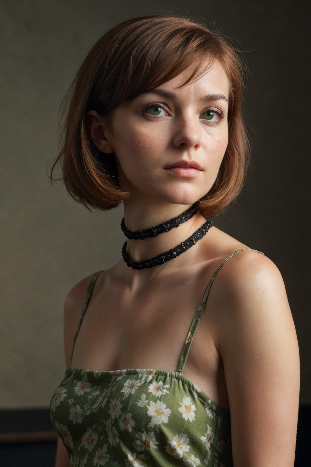 Young adult woman, (Caucasian ethnicity), slender build, (introspective expression), studio portrait, (short bob haircut with bangs), (auburn hair), (green floral dress), (black choker necklace), arms crossed, neutral background, soft-focused lighting, clear skin, (poised stance), looking slightly away from the camera, serene atmosphere.
JuggernautNegative, Movie Still, Film Still, Cinematic, Cinematic Shot, Cinematic Lighting, badquality.
Aligned eyes,  Iridescent Eyes,  (blush,  eye_wrinkles:0.6),  (goosebumps:0.5),  subsurface scattering,  ((skin pores)),  (detailed skin texture),  (( textured skin)),  realistic dull (skin noise),  visible skin detail,  skin fuzz,  dry skin,  hyperdetailed face,  sharp picture,  sharp detailed,  (((analog grainy photo vintage))),  Rembrandt lighting,  ultra focus,  illuminated face,  detailed face,  8k resolution,Extremely Realistic, 