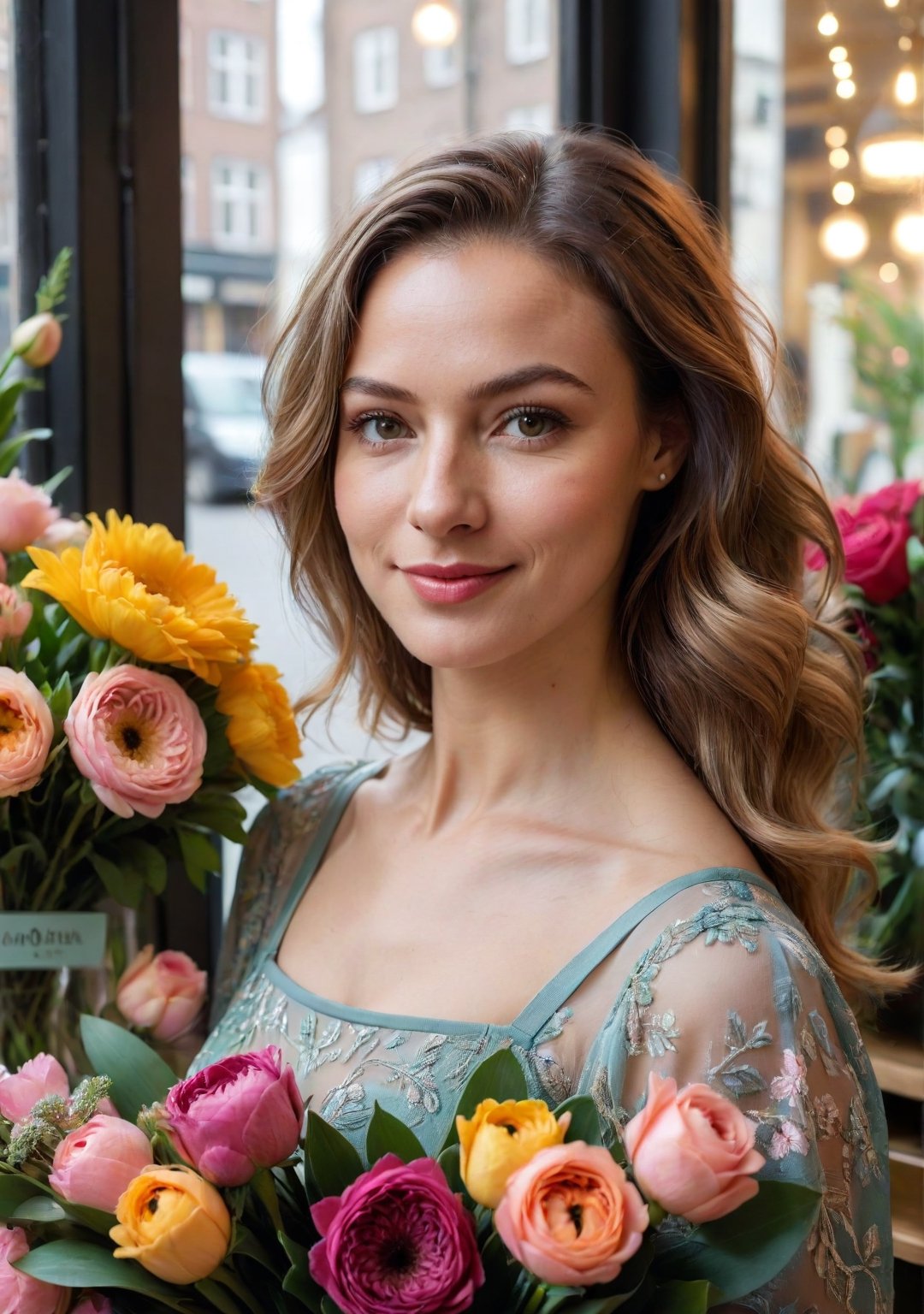 Flower shop view of a Dutch florist, 29 years old, combining natural charm with a touch of romantic allure, with a bright, welcoming face, surrounded by vibrant blooms in an Amsterdam flower shop. She's artfully arranging a bouquet, her hands skillfully selecting and placing each flower, a playful yet inviting smile gracing her lips.

Her hair, a cascade of soft, golden waves, frames her face beautifully, adding to her approachable and attractive demeanor. Her eyes, sparkling with creativity and joy, engage warmly with customers, her lips parting in an easy, enticing smile.

She has a petite, graceful build. Wearing a (light, floral-patterned dress) that echoes the beauty of her surroundings, her attire is both charming and apt for her profession. Her feet, in (comfortable ballet flats), move gracefully around the shop, her presence a delightful blend of artistic flair and inviting friendliness.
 8k uhd, dslr, soft lighting, high quality, film grain, Fujifilm XT3, high quality photography, 3 point lighting, flash with softbox, 4k, Canon EOS R3, hdr, smooth, sharp focus, high resolution, award winning photo, 80mm, f2.8, bokeh, (Highest Quality, 4k, masterpiece, Amazing Details:1.1), film grain, Fujifilm XT3, photography,
detailed eyes, epic, dramatic, fantastical, full body, intricate design and details, dramatic lighting, hyperrealism, photorealistic, cinematic, 8k, detailed face. Extremely Realistic, art by sargent, PORTRAIT PHOTO, Aligned eyes, Iridescent Eyes, (blush, eye_wrinkles:0.6), (goosebumps:0.5), subsurface scattering, ((skin pores)), (detailed skin texture), (( textured skin)), realistic dull (skin noise), visible skin detail, skin fuzz, dry skin, hyperdetailed face, sharp picture, sharp detailed, (((analog grainy photo vintage))), Rembrandt lighting, ultra focus, illuminated face, detailed face, 8k resolution
,photo r3al,Extremely Realistic,aw0k euphoric style,PORTRAIT PHOTO,Enhanced Reality