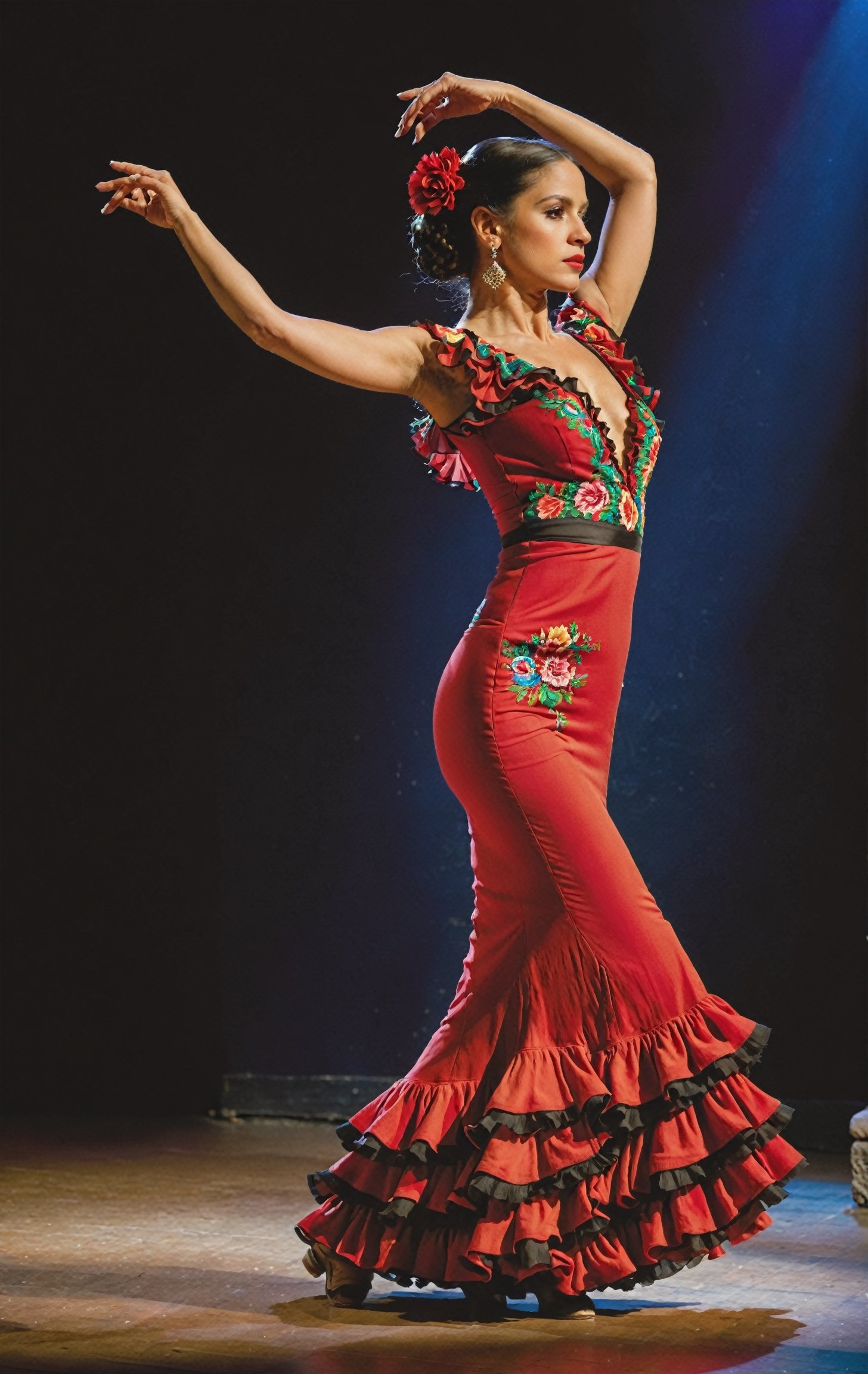 (wideshot), (long shot ), ((full body)) 
Side view of a Mexican flamenco dancer, 29 years old, exuding a fiery passion and grace, with a sharp, intense face, highlighted in the (left side of the frame). She's on stage, mid-dance, her body expressing the powerful emotions of flamenco through her fluid, commanding movements.

Her hair, long and sleek black, is pulled back tightly, allowing the focus to be on the sharp angles of her face and the dramatic arch of her neck as she dances. Her gaze is intense and focused, not on the camera but on the space around her, her expression one of deep passion and concentration.

She has a lithe, powerful build. Wearing a (traditional flamenco dress), the fabric rich in color and adorned with ruffles, it flows and spins with her, accentuating every movement. Her feet, in (sturdy flamenco shoes), rhythmically tap and strike the floor, her posture and poise a testament to her skill and the emotional depth of her performance.

((Full body shot)), (full body shown)
Low camera long  shot. (frog perspective shot) In summary, this image captures the essence of inviting and stylish beauty. film grain. grainy. Sony A7III. photo r3al,
,PORTRAIT PHOTO,
Aligned eyes, Iridescent Eyes, (blush, eye_wrinkles:0.6), (goosebumps:0.5), subsurface scattering, ((skin pores)), detailed skin texture, textured skin, realistic dull skin noise, visible skin detail, skin fuzz, dry skin, hyperdetailed face, sharp picture, sharp detailed, 
analog grainy photo vintage, Rembrandt lighting, ultra focus, illuminated face, detailed face, 8k resolution, ,photo r3al,Extremely Realistic