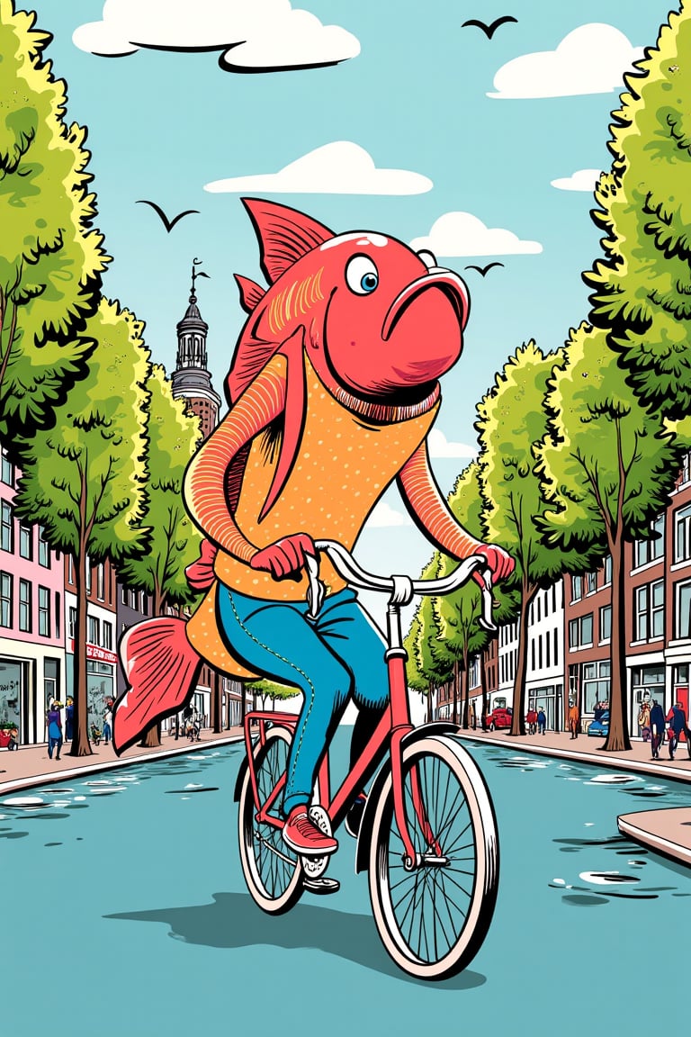 Satomic illustration. (((colorful illustration))) by satoshi, a fish on a bike, riding through the city of Amsterdam,satomic