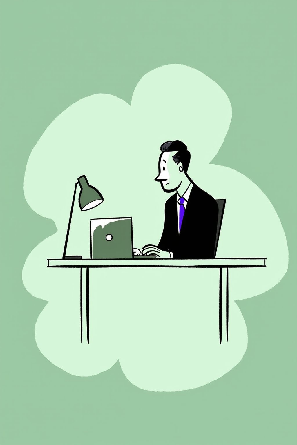 A cartoon illustration of a man in a business suit working late at night on his laptop, seated at his minimalist desk. His face is illuminated by the screen, eyes focused on the task. Minimal abstract lines depict the office space, with a muted green watercolor blob background. Monochrome cool soft tints color palette. Style of satoshi hashimoto, satomic.