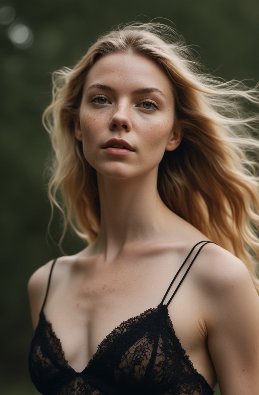 detailed, full-body image of a lingerie fashion model, Anya Taylor joy, laura prepon, captured from a slightly distant, low-angle perspective. The model should be in a varied outdoor environment, enhancing the sense of space. She has an expressive face with dry, freckled skin, and her gaze is directed away, adding a thoughtful aspect. The photo-style mimics an analog 50mm Leica camera with a low shutter speed, creating a subtle motion blur as if she's captured mid-movement. side light, highlighting her skin's texture and the fabric's details. The model's attire is eclectic, moving away from the classic black dress to something more colorful and contemporary, fluttering in the breeze. The overall scene should evoke a sense of high fashion, with a realistic and RAW 8k quality. Her long blonde hair adds to her Instagram model vibe, and her posture suggests motion, as if she's dancing, reflecting her skill and grace.vibrant. 

film grain. grainy. Sony A7III. photo r3al, 
, PORTRAIT PHOTO, 
Aligned eyes,  Iridescent Eyes,  (blush,  eye_wrinkles:0.6),  (goosebumps:0.5),  subsurface scattering,  ((skin pores)),  detailed skin texture,  textured skin,  realistic dull skin noise,  visible skin detail,  skin fuzz,  dry skin,  hyperdetailed face,  sharp picture,  sharp detailed,  analog grainy photo vintage,  Rembrandt lighting,  ultra focus,  illuminated face,  detailed face,  8k resolution,photo r3al,Extremely Realistic,Movie Still.
(((motion blur))), full body, from below, KNWLS, wide shot, distance, full-body, outside, unbalanced face, full body, highly detailed, dry skin, skin pores, looking away, detailed, run, analog, 50mm Leica, undershot, low shutter speed, super realistic, contrast, imperfect skin, soft light, (((side light))), dry skin, freckles, black fabric, wind, strangle, outdoor, High Fashion, model, vogue, RAW, contrast, 8k,Movie Still