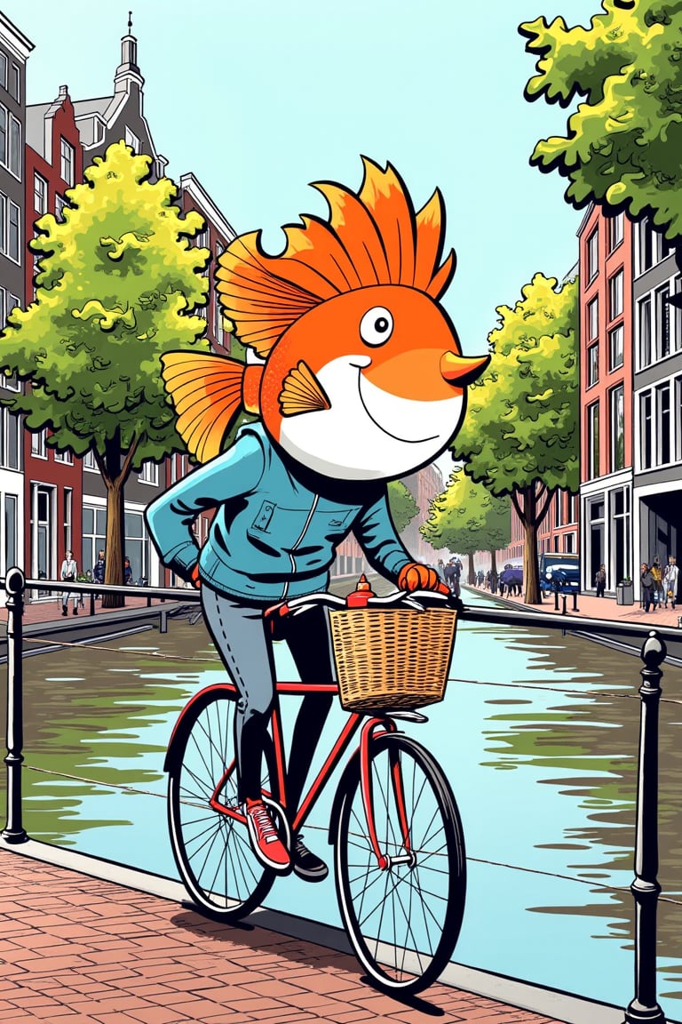 Satomic illustration. (((colorful illustration))) by satoshi, a fish on a bike, riding through the city of Amsterdam,satomic