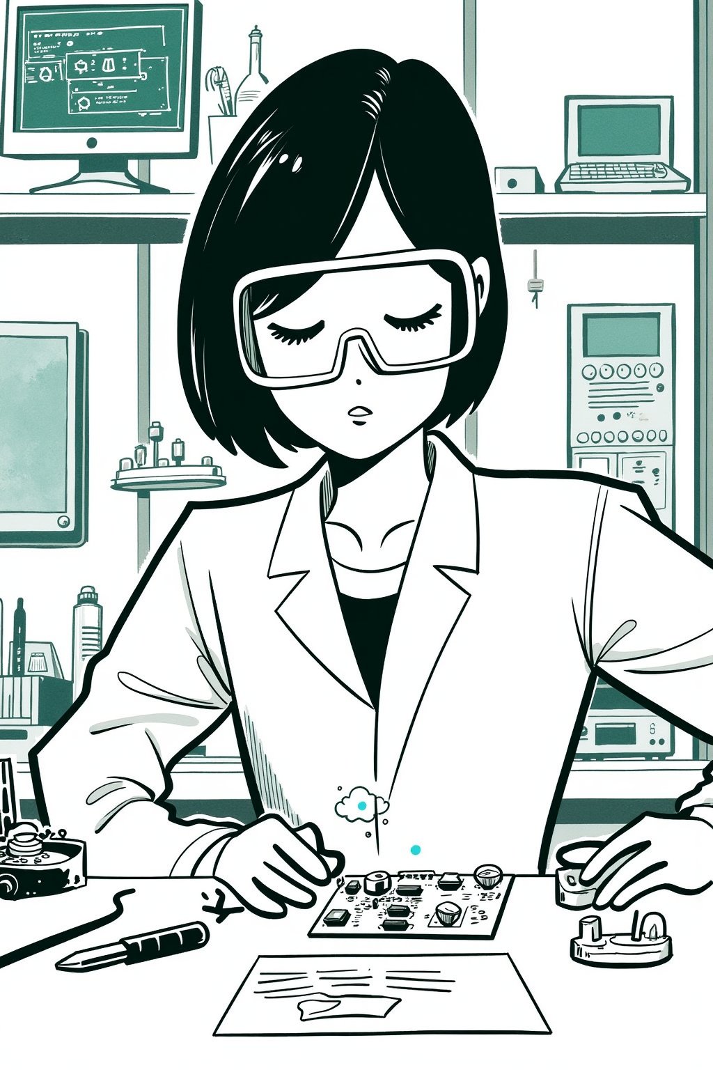 A cartoon illustration of a female technician soldering electronic components at a workbench. Her face is calm but intensely focused, with small wisps of smoke rising from the soldering iron.

Appearance:
The technician wears a lab coat and safety goggles. Her hair is in a short bob, and her hands are steady as she works on a circuit board. The room’s light reflects off the metal components, highlighting her precision.

Setting:
A clean, minimalist lab with abstract outlines of tools, wires, and electronics on the workbench. Several monitors and screens display technical diagrams in the background.

Mood:
Calm, focused, and precise, the scene captures the detailed and meticulous nature of her work.

Era:
Contemporary, with high-tech electronic equipment.

Perspective:
Close-up, focusing on her hands, the circuit board, and the glowing tip of the soldering iron.

Background:
Chaotic painted blob in soft gray and teal watercolor, with monochrome cool soft tints color palette.
. Style of satoshi hashimoto, satomic.