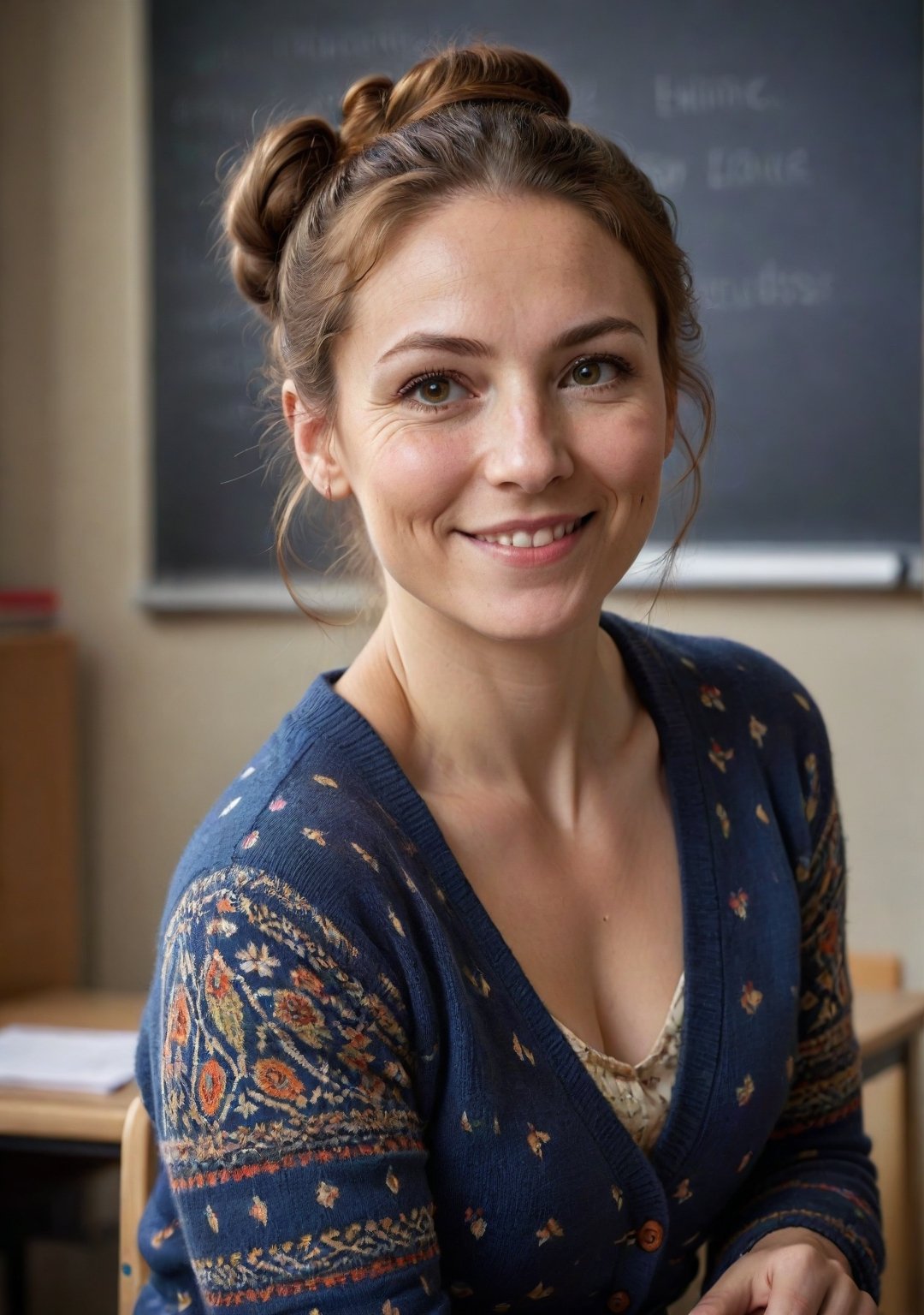 Elementary school view of a British teacher, 34 years old, embodying a nurturing spirit and educational dedication, with a petite, slightly rounded build, and a friendly face that includes a noticeable squint in one eye, in a vibrant London classroom. She's conducting a lesson, her gestures animated and inclusive, her smile gentle yet slightly crooked, engaging her young students.

Her hair, a bun of unruly auburn locks, is both practical and whimsically messy, fitting for her creative teaching style. Her eyes, one squinting more than the other, sparkle with enthusiasm and kindness, her uneven smile warm and encouraging.

She wears a (comfortable, patterned dress) and a (colorful cardigan), her style cheerful and relatable. Her feet, in (sensible, flat shoes), move gracefully around the classroom, her presence a blend of educational passion and a nurturing, inclusive approach.
(skin blemishes), 8k uhd, dslr, soft lighting, high quality, film grain, Fujifilm XT3, high quality photography, 3 point lighting, flash with softbox, 4k, Canon EOS R3, hdr, smooth, sharp focus, high resolution, award winning photo, 80mm, f2.8, bokeh, (Highest Quality, 4k, masterpiece, Amazing Details:1.1), film grain, Fujifilm XT3, photography,
(imperfect skin), detailed eyes, epic, dramatic, fantastical, full body, intricate design and details, dramatic lighting, hyperrealism, photorealistic, cinematic, 8k, detailed face. Extremely Realistic, art by sargent, PORTRAIT PHOTO, Aligned eyes, Iridescent Eyes, (blush, eye_wrinkles:0.6), (goosebumps:0.5), subsurface scattering, ((skin pores)), (detailed skin texture), (( textured skin)), realistic dull (skin noise), visible skin detail, skin fuzz, dry skin, hyperdetailed face, sharp picture, sharp detailed, (((analog grainy photo vintage))), Rembrandt lighting, ultra focus, illuminated face, detailed face, 8k resolution
,photo r3al,Extremely Realistic,aw0k euphoric style,PORTRAIT PHOTO,Enhanced Reality