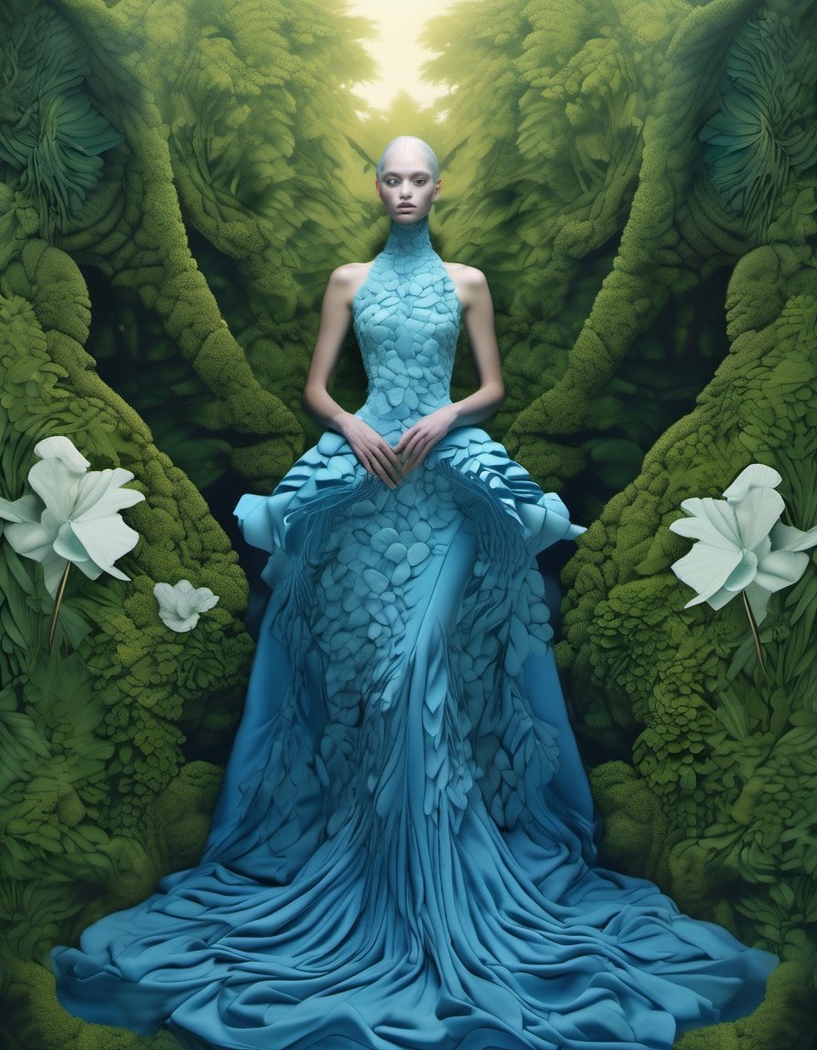 Fluid organic patterns, surreal dreamscape, harmonious illusions, soothing azure curves, high fashion in serenity, Escher-inspired flow of fabrics, enchanting gardens bathed in soft twilight hues, focus on the face, ethereal, (gric style:1.15), hyperrealistic, Gric. In this vision, the model's attire seamlessly blends with a background of lush, dreamlike foliage, creating a serene and almost mystical atmosphere. The scene, inspired by the paradoxical art of M.C. Escher, plays with perspective and fluidity, contrasting the structured complexity of fashion with the effortless grace of nature. Soft, ambient lighting highlights the face, capturing a look of tranquil contemplation, while the surroundings evoke a sense of peaceful, otherworldly beauty.