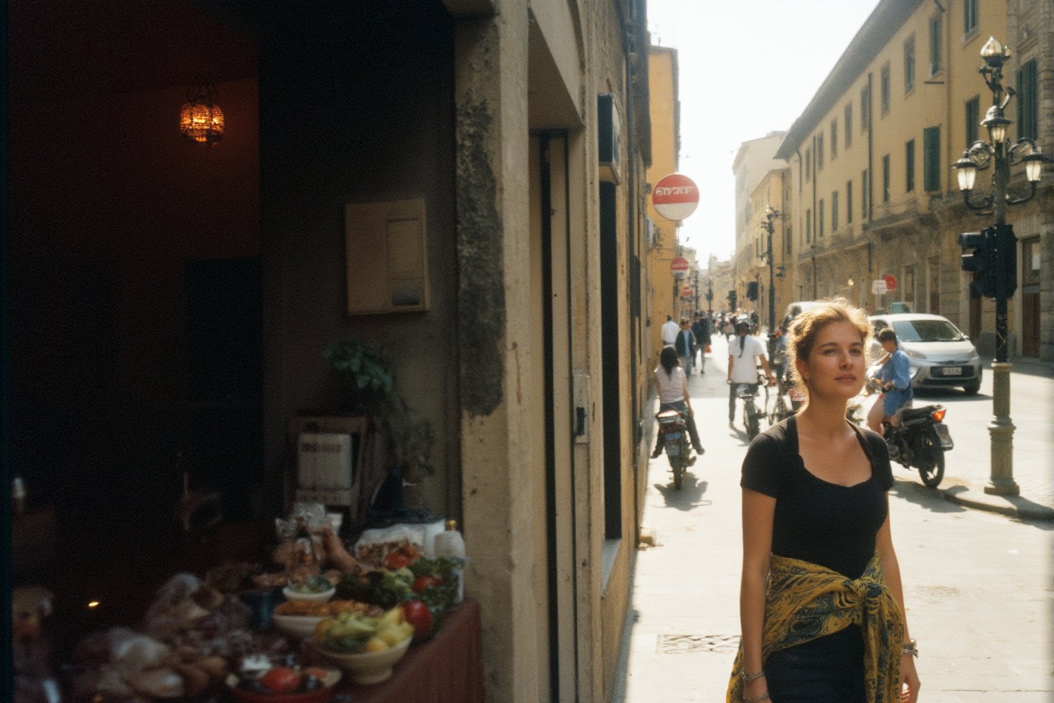 Photography in (steve mccurry style), an Italian woman, classic clothes,  cultural portrait, emotive humane photography, rich colors, analog film, film grain, kodachrome, intricate details, insanely detailed, natural lighting, 8k, hdr, masterpiece, award winning photography, Fine art photography style, film photography style. ((Very wide view, standing on the street in Italy, some people and cars, bikers in background)). Very sharp, very high depth of field. High dof.
The overall composition has a cinematic, feel, blending the nostalgia of classic paintings with every day life. flfmt,flmft