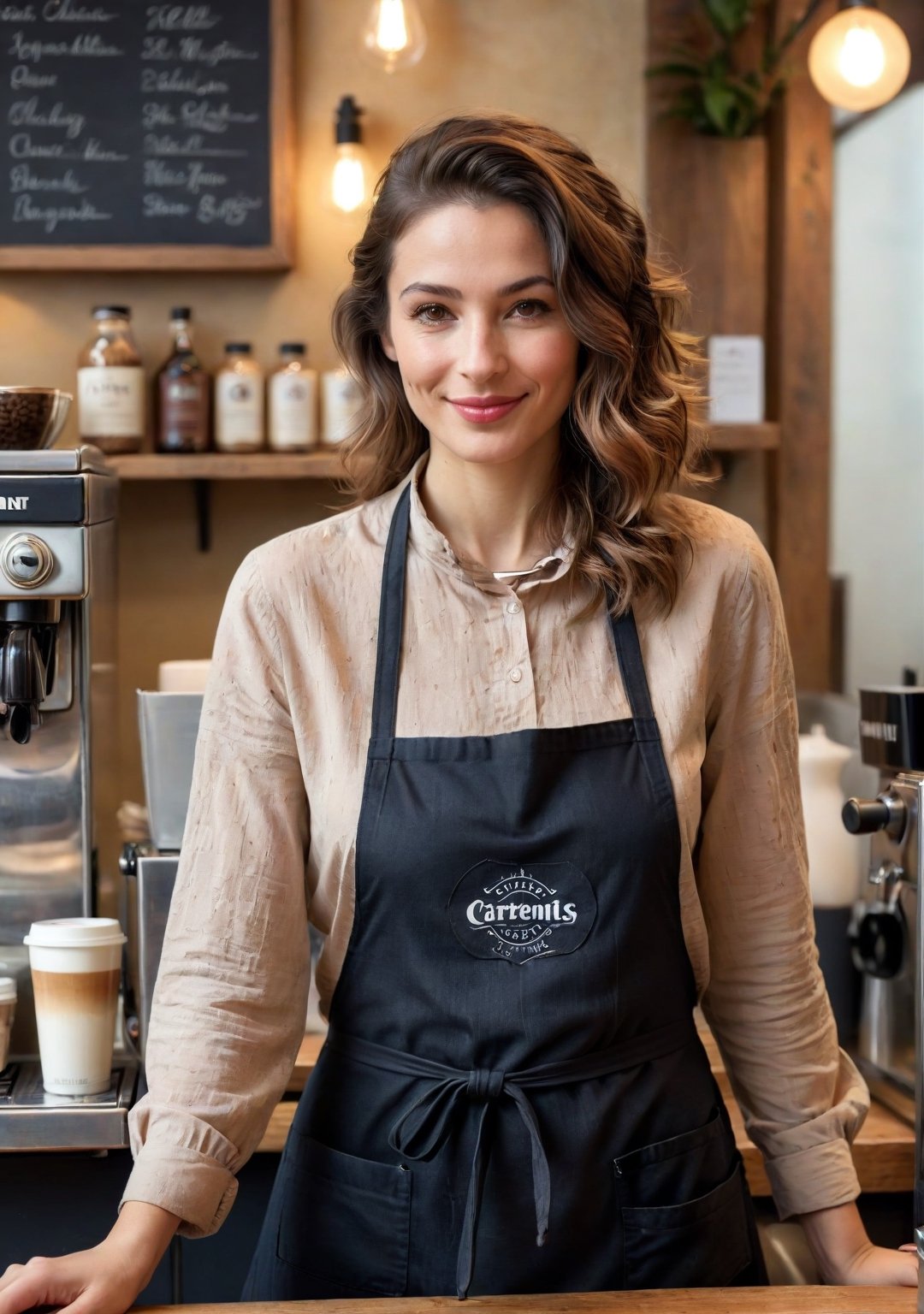 Café view of a French barista, 27 years old, combining everyday charm with a hint of seductive flair, with a warm, engaging face, working behind the counter of a quaint Parisian coffee shop. She's preparing an espresso, her movements fluid and inviting, a playful smile playing on her lips as she engages with customers.

Her hair, shoulder-length and chestnut brown, is styled in a loose, effortless wave, giving her a relaxed yet enticing look. Her eyes, bright and flirtatious, meet those of her customers, sharing a moment of connection, her lips parting in a friendly, captivating smile.

She has a slim, approachable build. Dressed in a (stylish, form-fitting apron) over a (casual, chic blouse) and (skinny jeans), her outfit is both practical for her job and subtly alluring. Her feet, in (comfortable, fashionable sneakers), move easily around the café, her presence a blend of professional efficiency and playful charm.
(skin blemishes), 8k uhd, dslr, soft lighting, high quality, film grain, Fujifilm XT3, high quality photography, 3 point lighting, flash with softbox, 4k, Canon EOS R3, hdr, smooth, sharp focus, high resolution, award winning photo, 80mm, f2.8, bokeh, (Highest Quality, 4k, masterpiece, Amazing Details:1.1), film grain, Fujifilm XT3, photography,
(imperfect skin), detailed eyes, epic, dramatic, fantastical, full body, intricate design and details, dramatic lighting, hyperrealism, photorealistic, cinematic, 8k, detailed face. Extremely Realistic, art by sargent, PORTRAIT PHOTO, Aligned eyes, Iridescent Eyes, (blush, eye_wrinkles:0.6), (goosebumps:0.5), subsurface scattering, ((skin pores)), (detailed skin texture), (( textured skin)), realistic dull (skin noise), visible skin detail, skin fuzz, dry skin, hyperdetailed face, sharp picture, sharp detailed, (((analog grainy photo vintage))), Rembrandt lighting, ultra focus, illuminated face, detailed face, 8k resolution
,photo r3al,Extremely Realistic,aw0k euphoric style,PORTRAIT PHOTO,Enhanced Reality