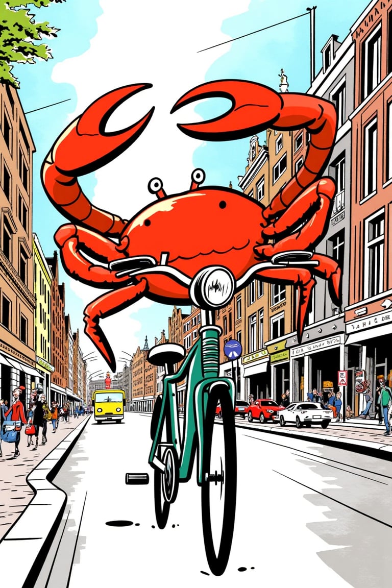 Satomic illustration. (((colorful illustration))) by satoshi, a crab on a bike, riding through the city of Amsterdam,satomic