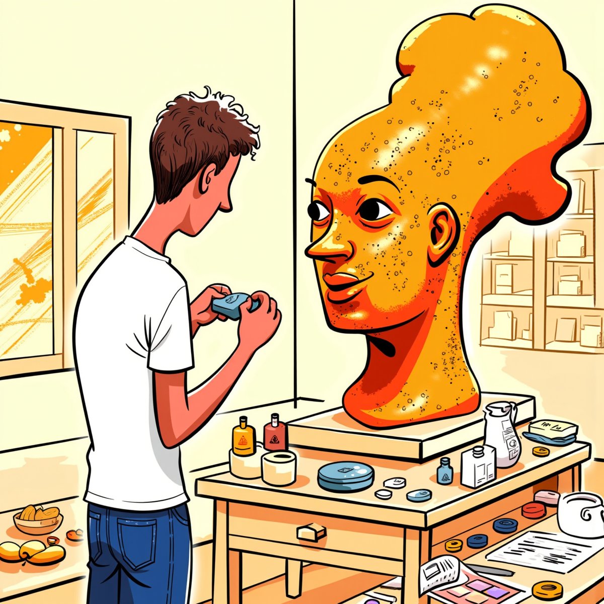 A (((colorful ))) editorial illustration of a guy, tmhrmns ,sculpting . He is sculpting a digital model. The clay exists out of 1's and 0's. Inside his apartment. He is sculpting a large head, which should represent a "digital" sculpture since they're all ones and zeroes but it's still clay of course. Appearance: The man wears a plain t-shirt and jeans. hair slightly messy from working. Setting: A small, bright apartment with abstract lines hinting at furniture, a coffee table, some bookcases. Mood: Lighthearted and humorous, the scene conveys the chaos and joy of home-crafting. Warm tones and soft lighting enhance the cozy atmosphere. Era: Contemporary. Perspective: Frog perspective view, focusing on the sculpture and the sculptor Background: Chaotic painted blob in duotone colours watercolor, with warm soft tints color palette. . Style of satoshi hashimoto, satomic.

(((hand drawn, loose, loose coloring))) (Coloring technique: loose, expressive fills) , (flat, minimal shading) (bold color palette, few colors) (dynamic, hand-drawn sketch aesthetic). Coarse fluid bold black outlines. Style satoshi hashimoto, satomic.