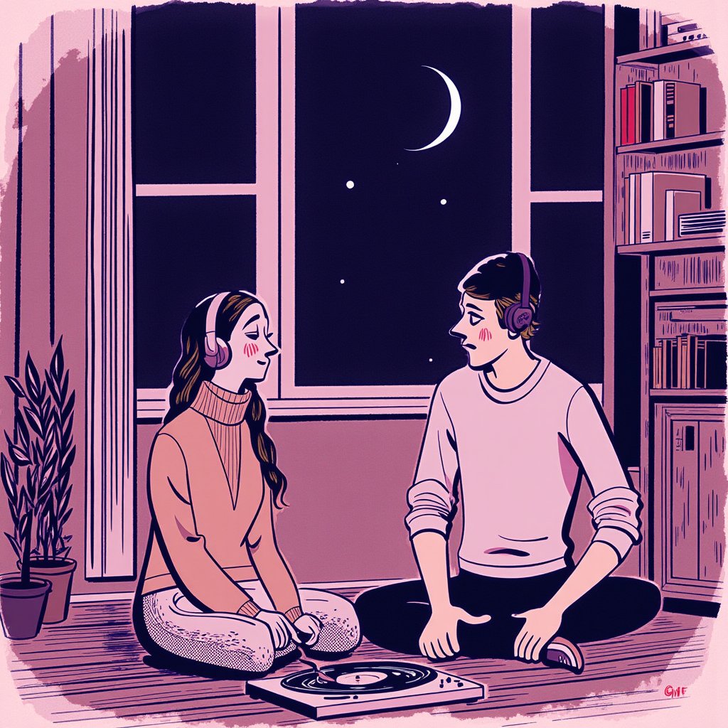 An illustration of a man and a woman inside their cosy apartment, quietly sitting around listening to music. Both their eyes closed. Vinyl record player in between them. Each sitting cross legged on the wooden parquet flooring. Music notes dancing in the air above their heads. 
Warm moody atmosphere, abstract lines depicting the cosy furnished apartment, window overlooking the night sky in the background. Sliver ray of moonlight shining in.
Chaotic painted blob background in dark purple watercolor.
Monochrome warm soft tints Color palette 

Style of of satoshi hashimoto , satomic