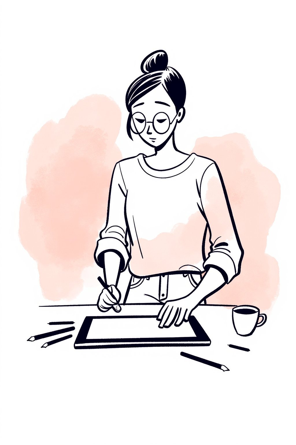 An editorial illustration of a woman dressed in a casual but chic outfit, sitting at her desk sketching on a large tablet. Her brow is furrowed in concentration, fingers gliding smoothly across the screen.

Appearance:
The woman wears a trendy blouse and jeans, her hair in a loose bun. She has a pair of stylish glasses perched on her nose, her body language absorbed in her work.

Setting:
A minimalist workspace with abstract lines suggesting the desk and tablet, scattered pencils and coffee mug on the side.

Mood:
Focused and calm, with a creative energy reflected in the soft lighting and pastel hues.

Era:
Contemporary.

Perspective:
Over-the-shoulder view, focusing on the tablet screen as she draws.

Background:
Chaotic painted blob in pale pink watercolor, with monochrome soft tints color palette.


. Style of satoshi hashimoto, satomic.