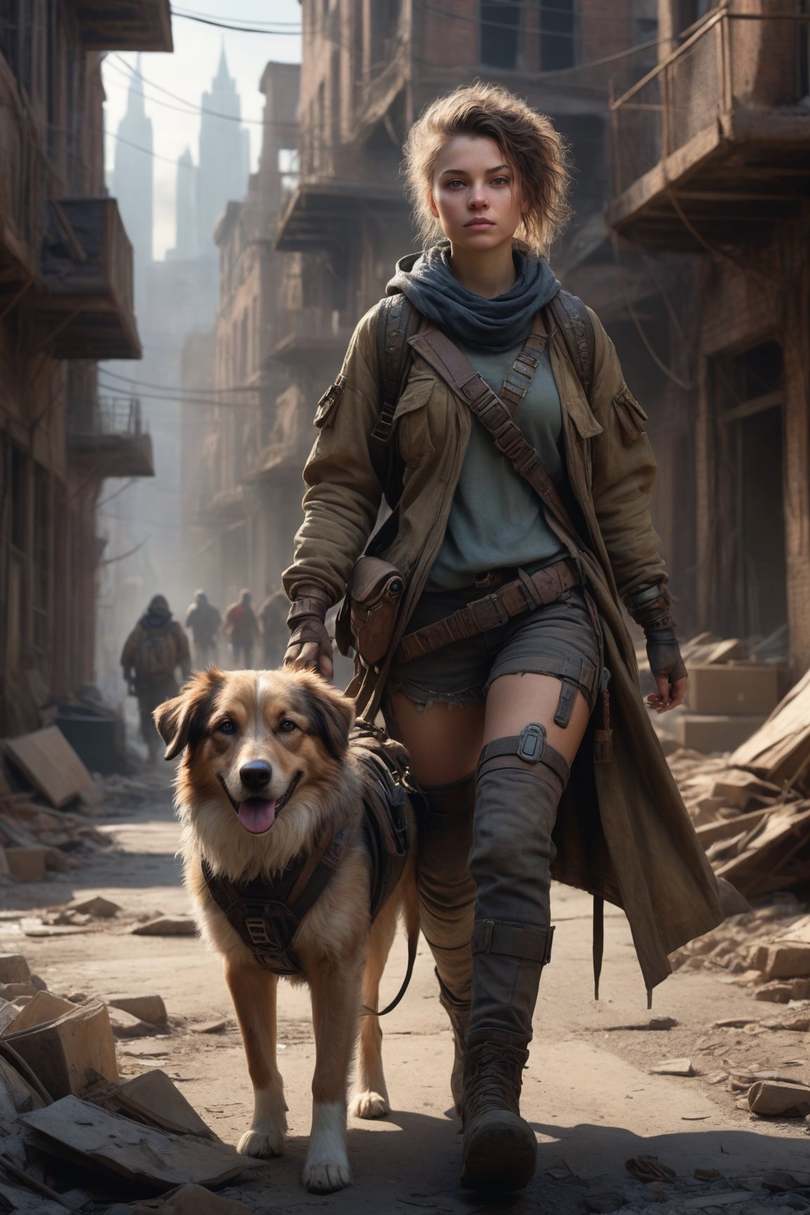 dystopian art, 18yo girl, a survivor of post-apocalypse, walking her dog in the abandoned city, beautiful face with messy hair and gear, DnD, in the style of realistic and hyper-detailed renderings, dungeons and dragons, 8k, detailed eyes, epic , dramatic , fantastical, full body , intricate design and details, dramatic lighting, hyperrealism, photorealistic, cinematic, 8k, detailed face. Extremely Realistic, art by sargent, PORTRAIT PHOTO, 
Aligned eyes,  Iridescent Eyes,  (blush,  eye_wrinkles:0.6),  (goosebumps:0.5),  subsurface scattering,  ((skin pores)),  (detailed skin texture),  (( textured skin)),  realistic dull (skin noise),  visible skin detail,  skin fuzz,  dry skin,  hyperdetailed face,  sharp picture,  sharp detailed,  (((analog grainy photo vintage))),  Rembrandt lighting,  ultra focus,  illuminated face,  detailed face,  8k resolution,