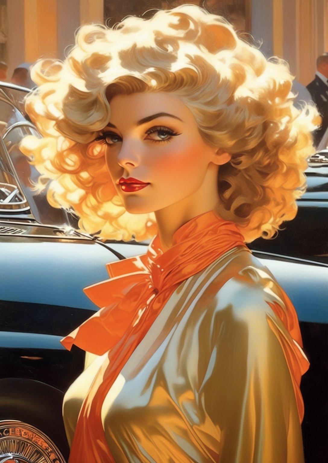 Art by J.C. Leyendecker, a masterpiece, stunning beauty, hyper-realistic oil painting, vibrant colors, a beautiful gorgeous Bond girl type character, dark chiarascuro lighting, standing next to an Aston Martin, a telephoto shot, 1000mm lens, f2,8,