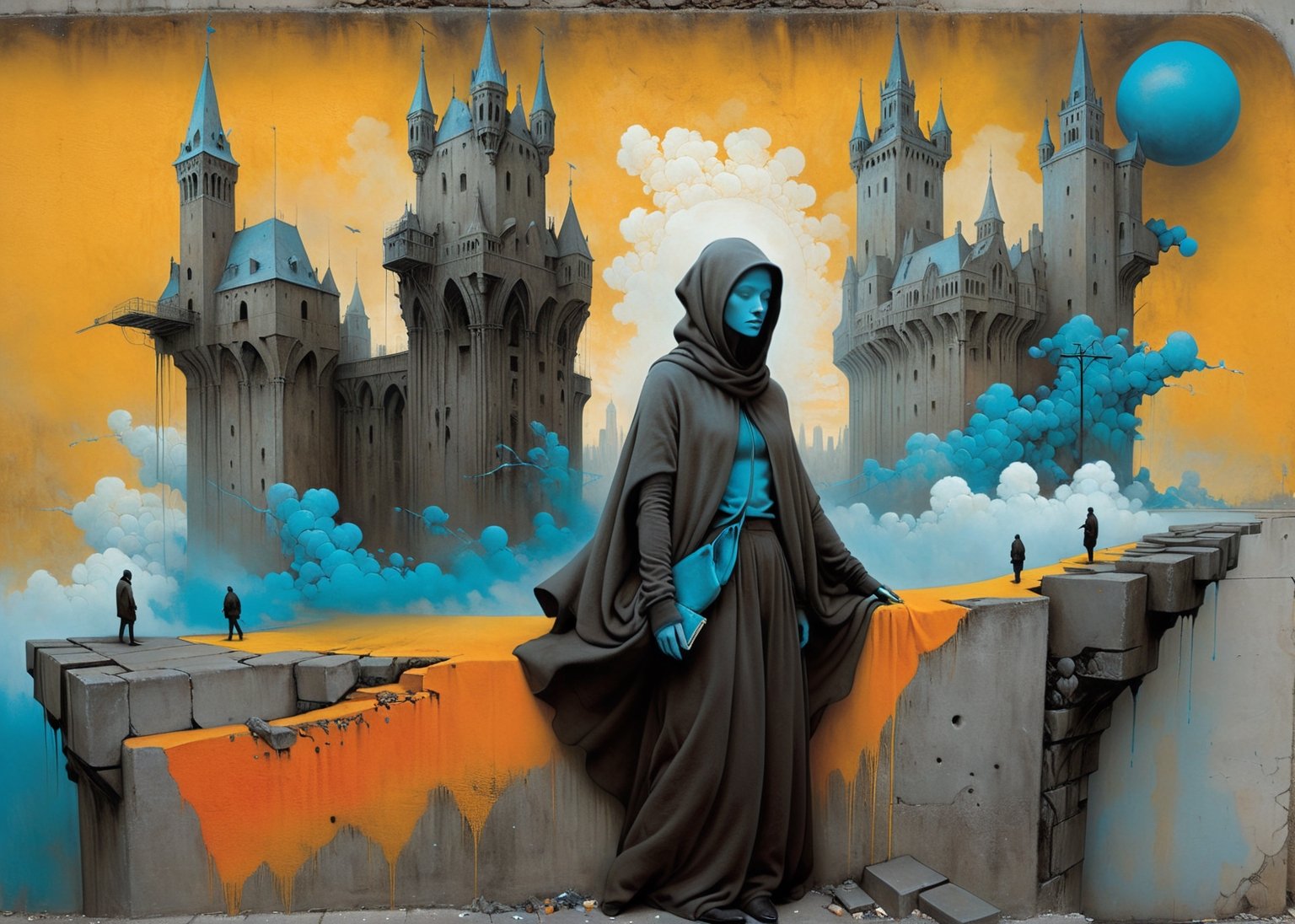 Zdzislaw Beksinski style, the mystical allure of 'Angelarium' with the underground edge of graffiti culture. A serene entity floats above an abandoned cityscape, where the walls are canvases of expressive street art. In a dynamic aerial pose, the character's clothing ripples with patterns reminiscent of Escher's impossible constructions, set against a backdrop that fades from industrial grays to the vibrant hues of a graffiti masterpiece. Colors range from brown and orange to yellow with cyan accents 