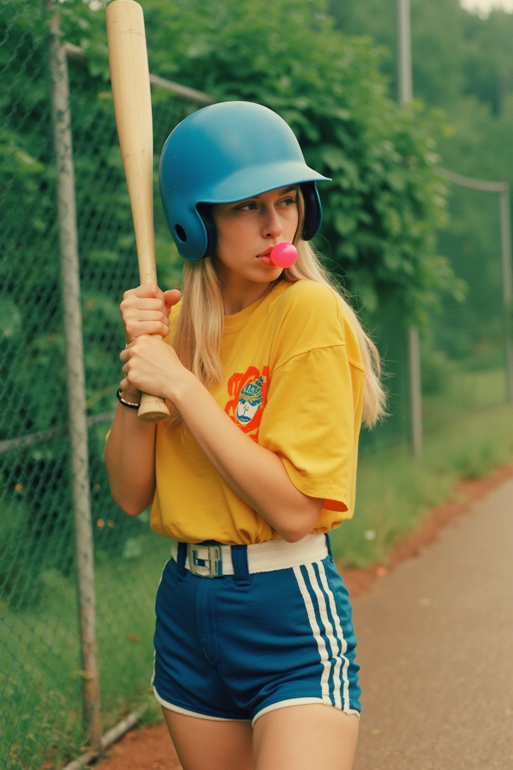 Professional photography, , Phone ultra realistic & detail photo, A 
(mid-1970s, vintage sports aesthetic), (full-body shot), a young woman stands in a batting stance, gripping a baseball bat with confidence, about to swing. She is blowing a bubblegum bubble, giving her a playful yet determined look. She is dressed in a retro yellow t-shirt with a bold print and classic blue athletic shorts with white stripes, creating a nostalgic, sporty feel. (Her long blonde hair) flows freely under a (shiny blue helmet), adding to the carefree vibe. Her intense gaze is focused ahead, capturing the competitive energy of the moment. (The chain-link fence in the background) emphasizes the outdoor setting, typical of a local baseball field, with blurred green foliage surrounding the scene. The image conveys a strong sense of mid-70s Americana, with bright, warm tones, a playful atmosphere, and a hint of vintage athletic culture.


Detailed face, big beautiful deep-set eyes, detailed skin.
Photograph by Andrzej Baturo,, Avant-garde,. Use soft, warm colors and a serene atmosphere, Photoshoot, analog camera, grainy, film grain, Shot on 35mm lens, cosy atmosphere in city outside,Perfect Eyes,Detailed skin,Skin blemish