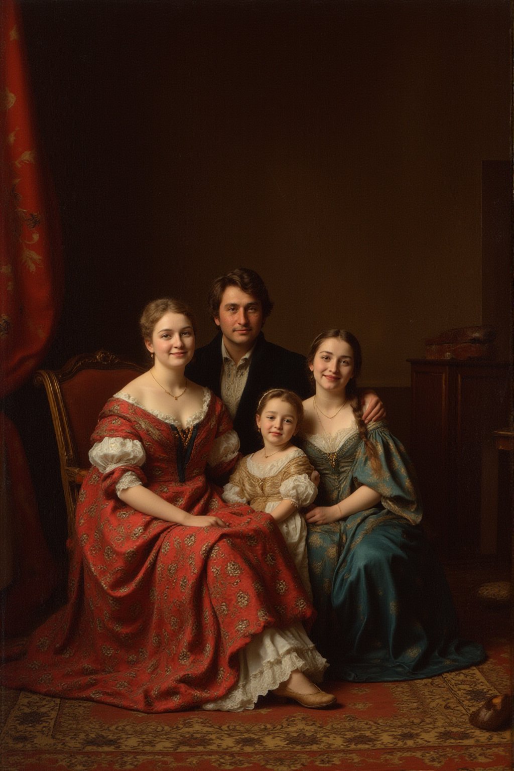 A 1770s photo of a french comfortable and prosperous bourgeois family, gathered in their townhouse or countryside estate, They dress in high-quality and elegant attire, showcasing their social status, Rich and luxurious colors adorn their clothing and surroundings, reflecting their financial stability and appreciation for the finer things in life.
Scene and lighting, photo is from 1770 clearly very old and reflects it's age and colours. 
. The warm, soft lighting accentuates everyone's  features, giving the photograph a timeless, ethereal quality.,perfect eyes,skin blemish,detailed skin, flfmt