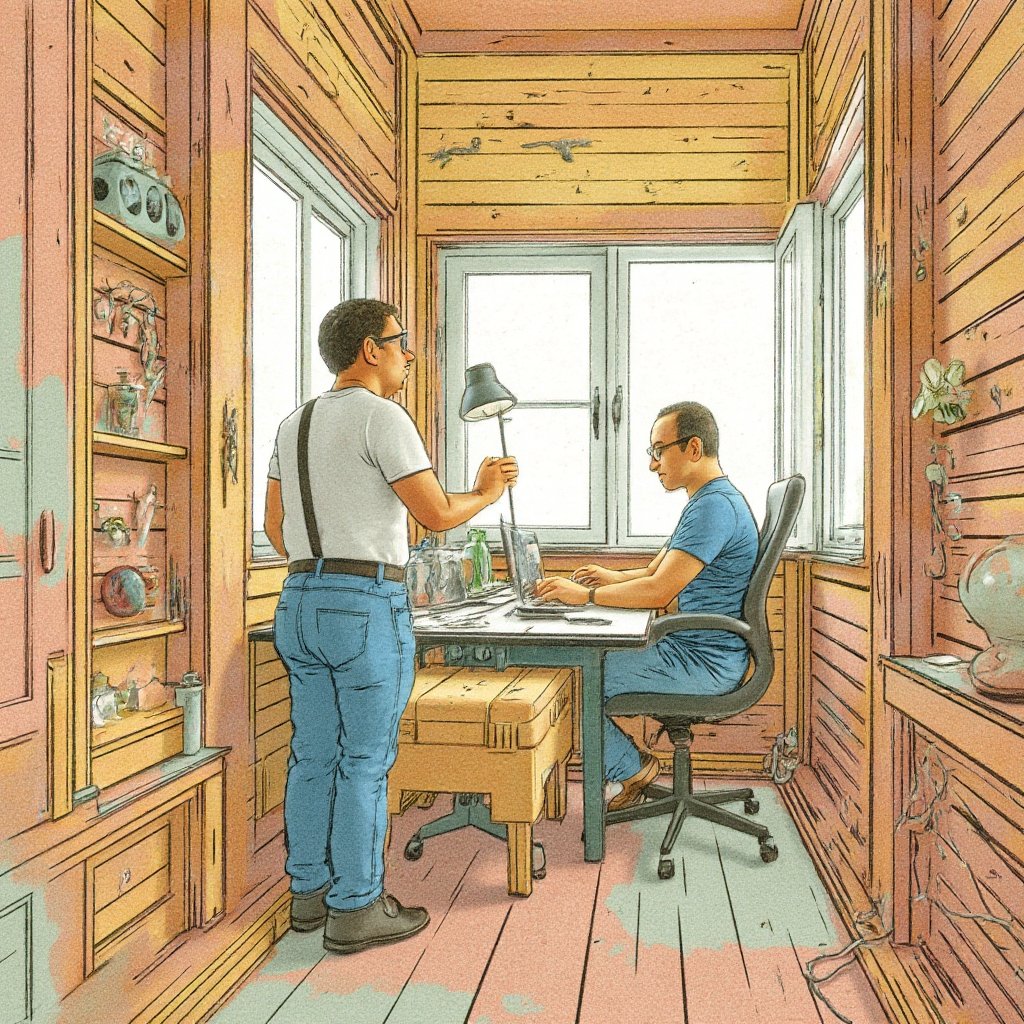 (((detailed colorful illustration))) by lmendo, depicting tmhrmns,

medium shot of Tom, tmhrmns, with caucasian skin, standing in his home office. The scene is pretty light. The soft focus is accentuated by a slight film grain, giving the image a nostalgic, textured feel. The color palette is vibrant, with his clothes, t-shirt and jeans, standing out against the muted, earthy tones of background. Tom's round dark-rimmed glasses give him a confident look. Tom's determined expression conveys his dedication to mastering his various tasks. As the camera pans out, the worn, wooden walls of the scene fade into the background, immersing the viewer in the protagonist's world. The overall mood is one of creative fervor, capturing the essence of the fast-paced, multi-faceted life of a modern professional.