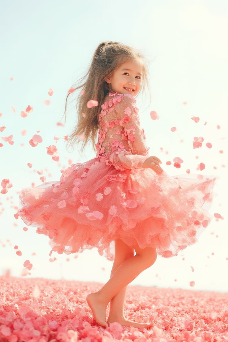 A bright, engaging scene of a detailed photorealistic color pencil illustration, A girl standing gracefully in a dress made entirely of rose petals. The petals seem to flutter in a gentle breeze, creating a flowing, ethereal look. She’s barefoot, standing on a field of scattered rose petals, her face calm and serene. The background is minimal, allowing the rose petal dress to take center stage, coloring page, bold outlines, glossy digital art, f/22, wide depth of field, sharp details, clean background. The atmosphere is playful, with natural light . Colors should be vibrant, with a focus on blues, greens, and yellows, emphasizing joy . high-resolution photography, stock photo precise, homemade , analog, cell phone cameras