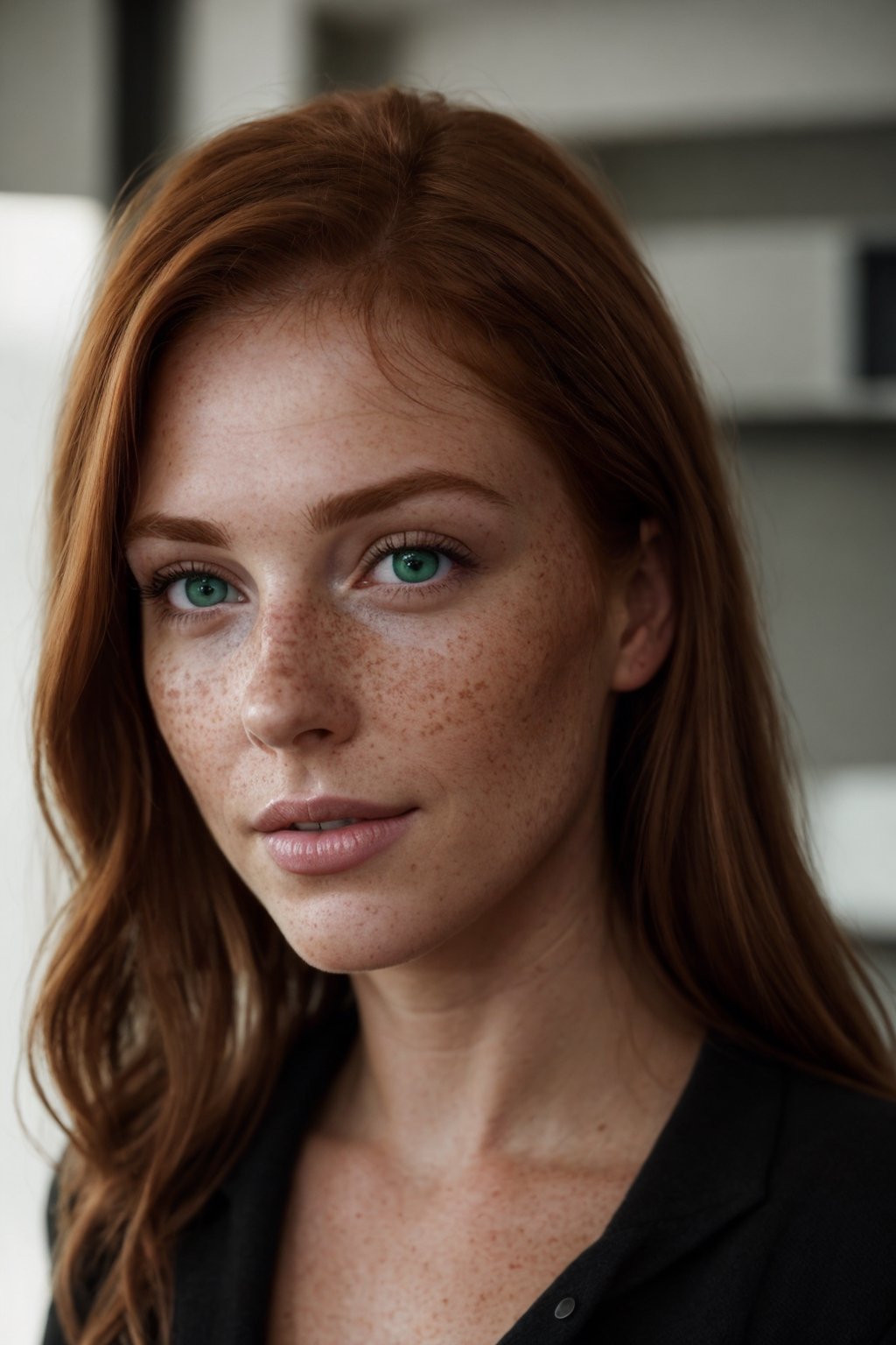 photo, rule of thirds, dramatic lighting, medium hair, detailed face, detailed nose, freckles, redhead, 30 year old, realistic green eyes, sexy smile,realism,realistic body,woman,portrait,photorealistic,analog, A real estate agent visits an empty apartment and writes his estimate of the property on a notebook, medium framing, golden light, realistic photo