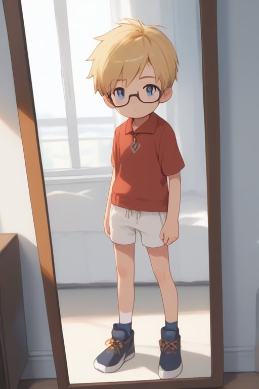 score_9, score_8_up, score_7_up, score_6_up, child, boy, 10yo, white skin, blue eyes, blonde hair, short hair, bangs, flat chest, solo, full body, looking at viewer, wearing glasses, front in the mirror , red sweater vest, white short sleeves, black_shorts, black shoes