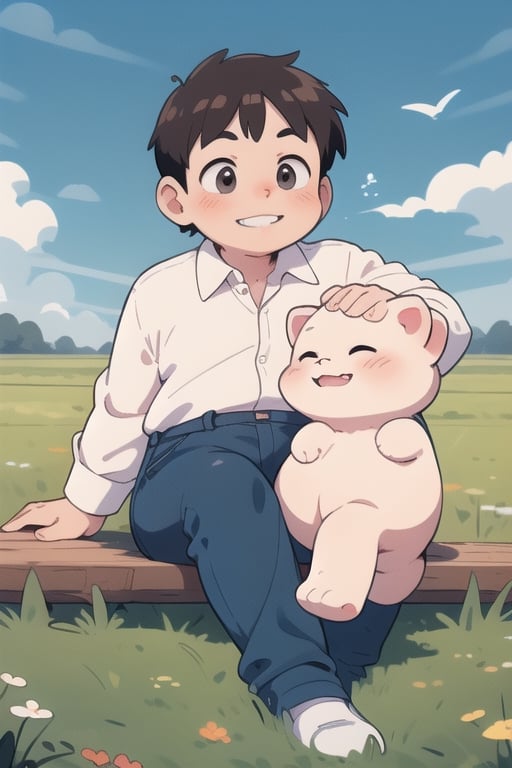 a little boy, light brunette, cheeks pink and chubby, only 4 teeth in the jaw, smiling brightly, wearing white shirt and blue pants, sitting in a field,