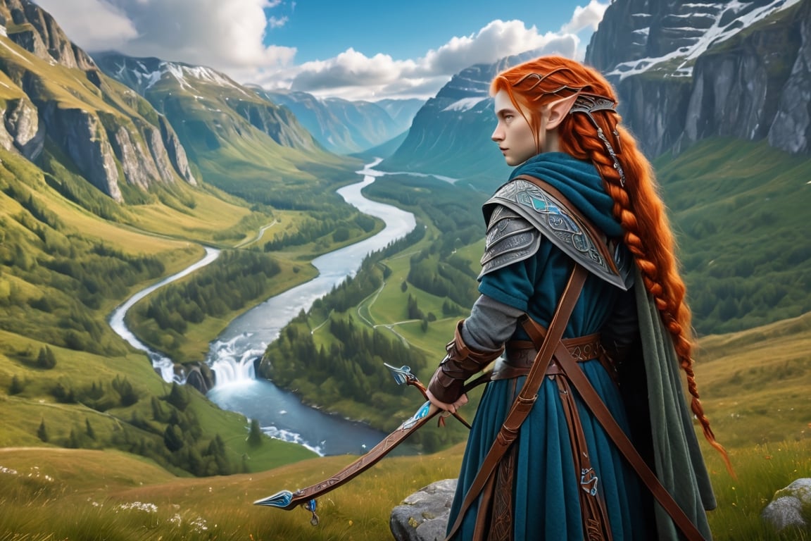 Extreme detailed,ultra Realistic,
beautiful young ELF red shining hair, long elvish braid, side braid, blue-grey eyes,elf ears,(carries a beautiful crossbow),
Wearing Celtic leather Armor, hooded cloak, animal fur hood, intricate clothing, animal fur clothing, dark clothing, waistband, scarf, soft smile, bending posture, looking into the distance, 
Spring mountain scenery, overlooking valley, river, white clouds, seen from behind,ol1v1adunne