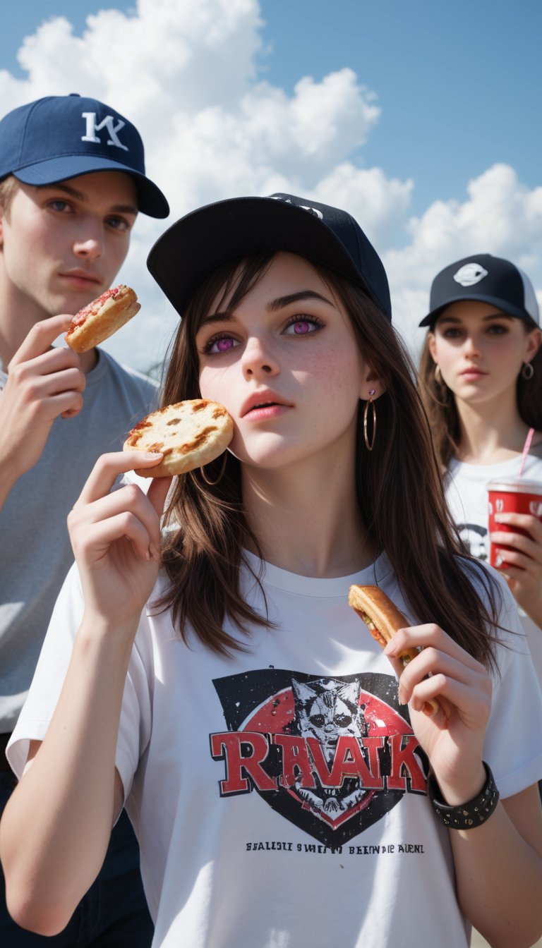 score_9, score_8_up, score_7_up, score_6_up, 
BREAK , 
source_real, raw, photo, realistic,  
BREAK, 
long hair, looking at viewer, blush, short hair, bangs, multiple girls, shirt, black hair, hat, holding, jewelry, purple eyes, upper body, short sleeves, earrings, outdoors, food, multiple boys, sky, solo focus, day, cloud, 3girls, pink eyes, blurry, bracelet, eating, holding food, baseball cap, food on face