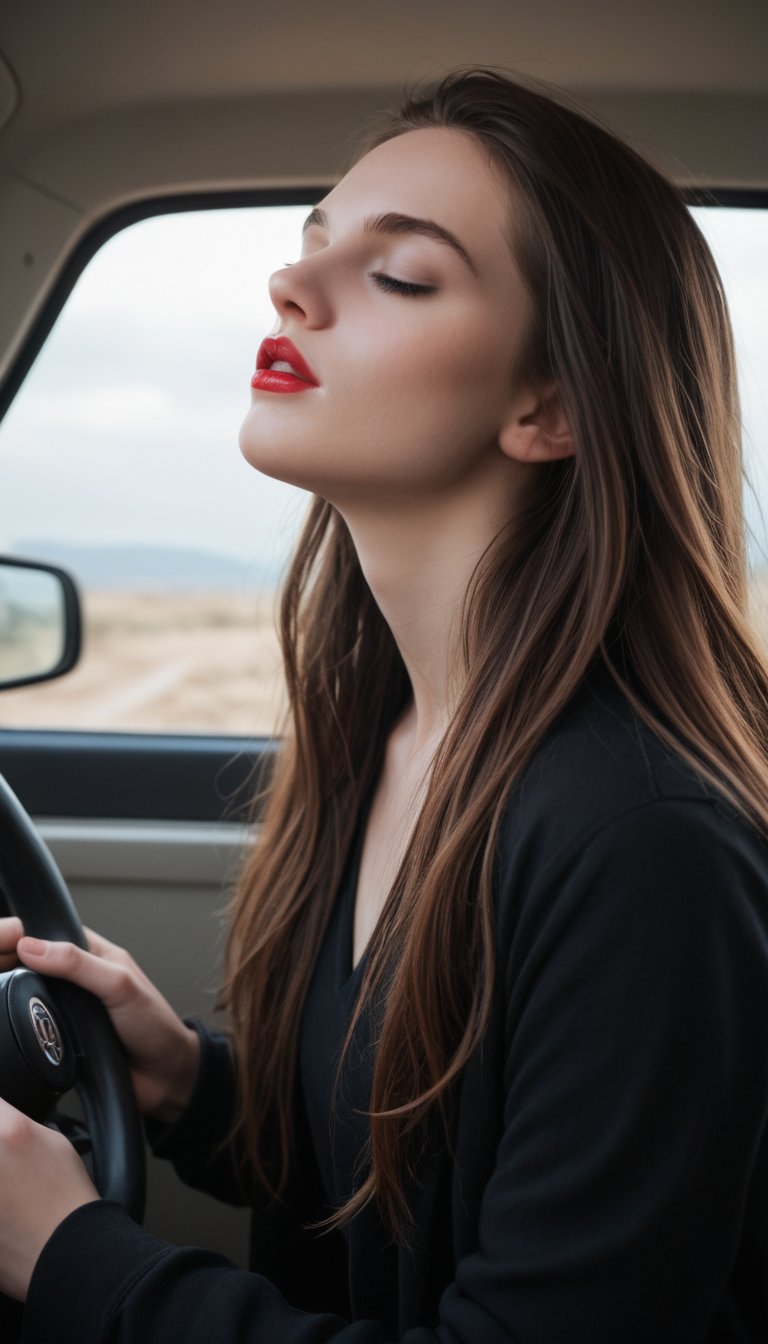 score_9, score_8_up, score_7_up, score_6_up, 
BREAK , 
source_real, raw, photo, realistic,  
BREAK, 
1girl, long hair, black hair, holding, closed eyes, solo focus, lips, lipstick, ground vehicle, realistic, red lips, stylus