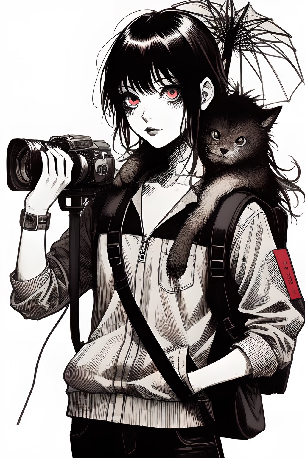 horror manga,a drawing of a girl with an umbrella and a backpack on her shoulder, holding a camera and a book, Aya Goda, neoplasticism, manga, a manga drawing