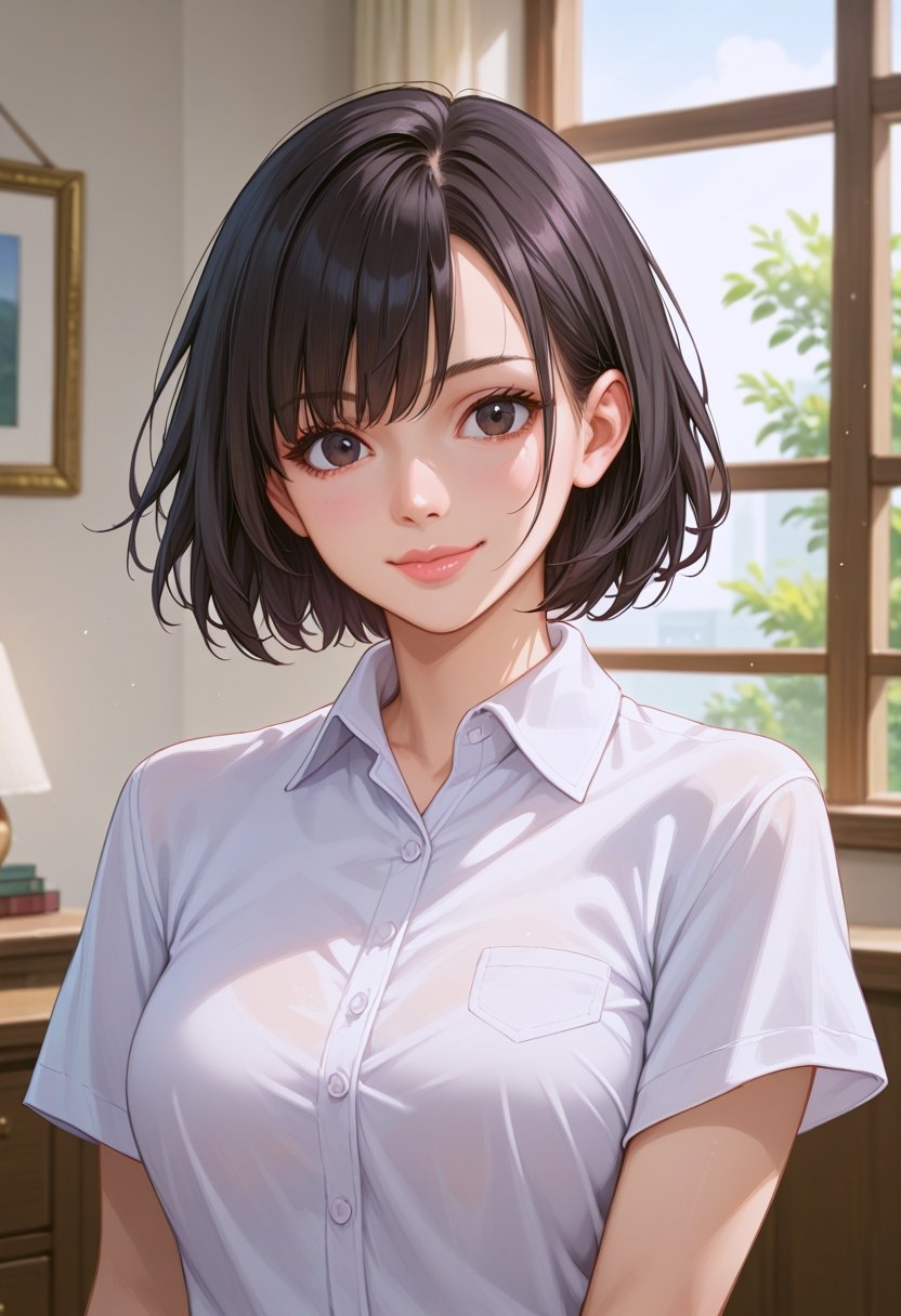 score_9, score_8_up, score_7_up, score_6_up,source_anime,
1girl, solo, looking at viewer, smile, short hair, bangs, shirt, black hair, closed mouth, white shirt, upper body, collared shirt, indoors, medium hair, black eyes, lips, window, wing collar, realistic,Supersex