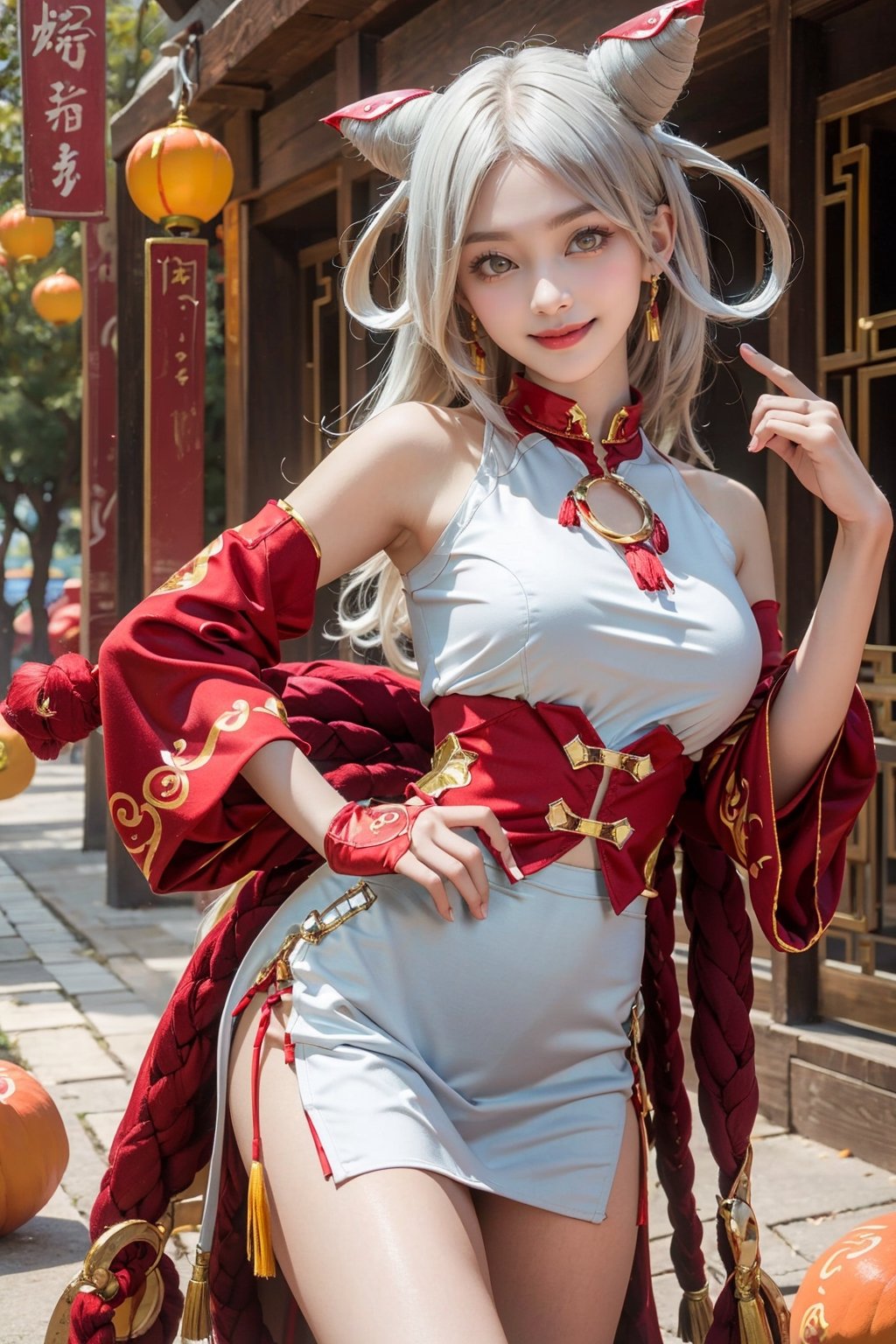 ,  8k, ((medium breasts)), 1girl, solo, looking at viewer, smile, brown eyes, white hair, horns, 8k,(( red cheongsam)), red cheongsam, (masterpiece,best quality:1.5), (masterpiece,best quality:1.5), red cheongsam, yellow apricot flowers, lunar newyear, 