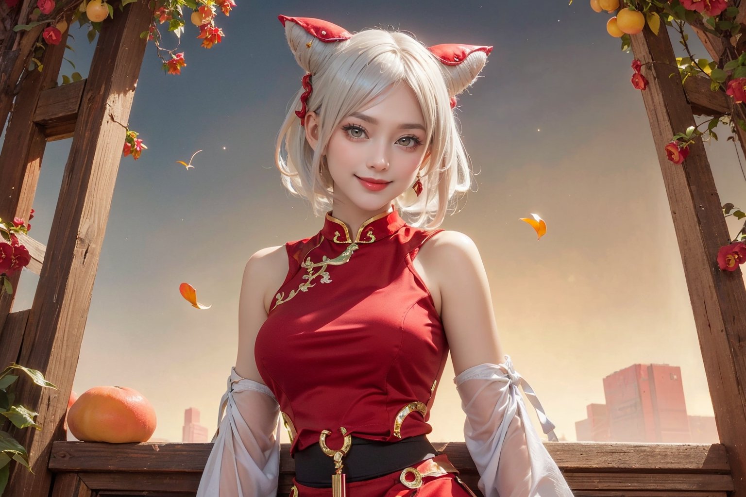 ,  8k, ((medium breasts)), 1girl, solo, looking at viewer, smile, brown eyes, white hair, horns, 8k,(( red cheongsam)), red cheongsam, (masterpiece,best quality:1.5), (masterpiece,best quality:1.5), red cheongsam, yellow apricot flowers, lunar newyear, 